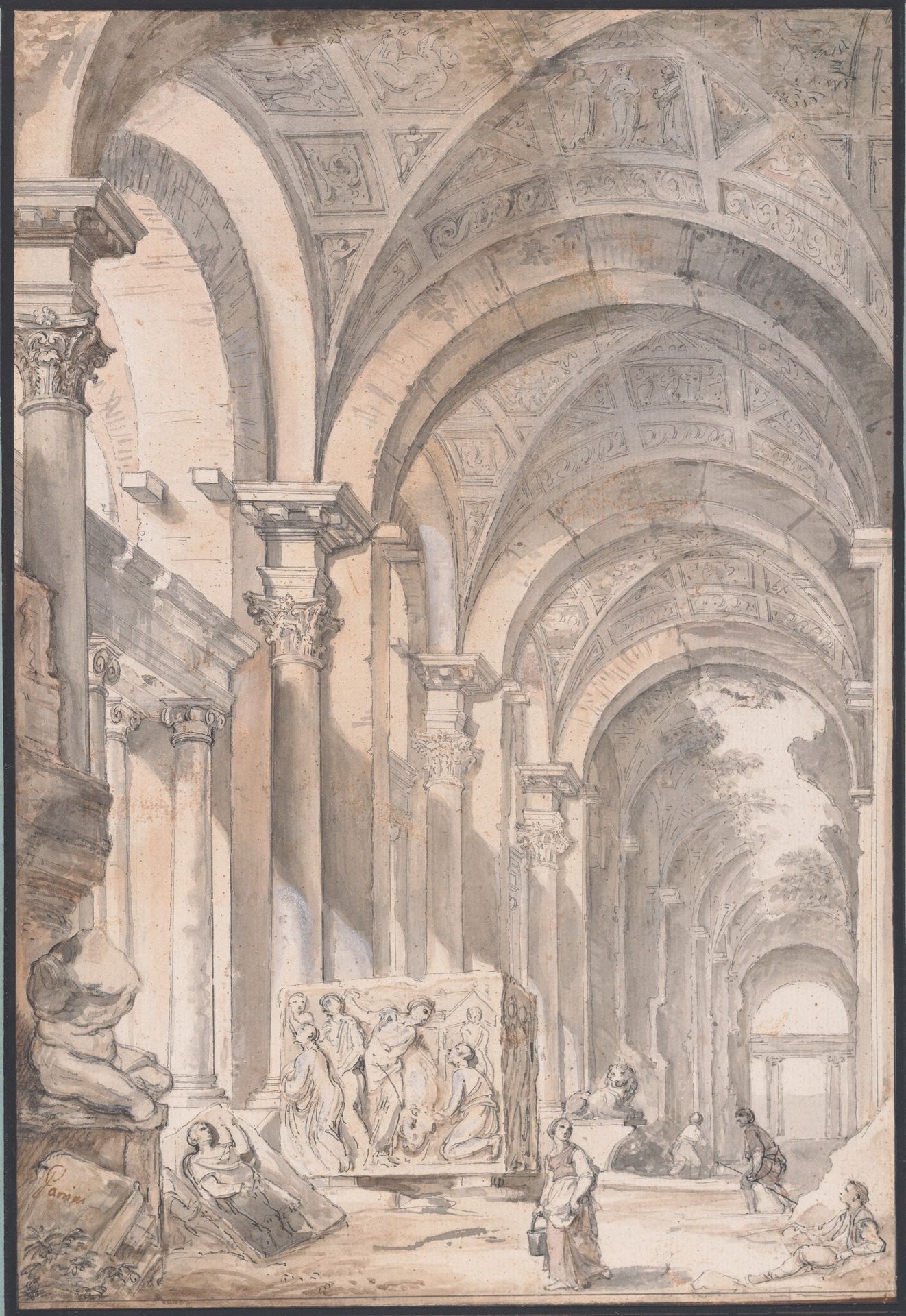 Architectural capriccio with Figures and Antiquities by Giovanni Paolo Panini