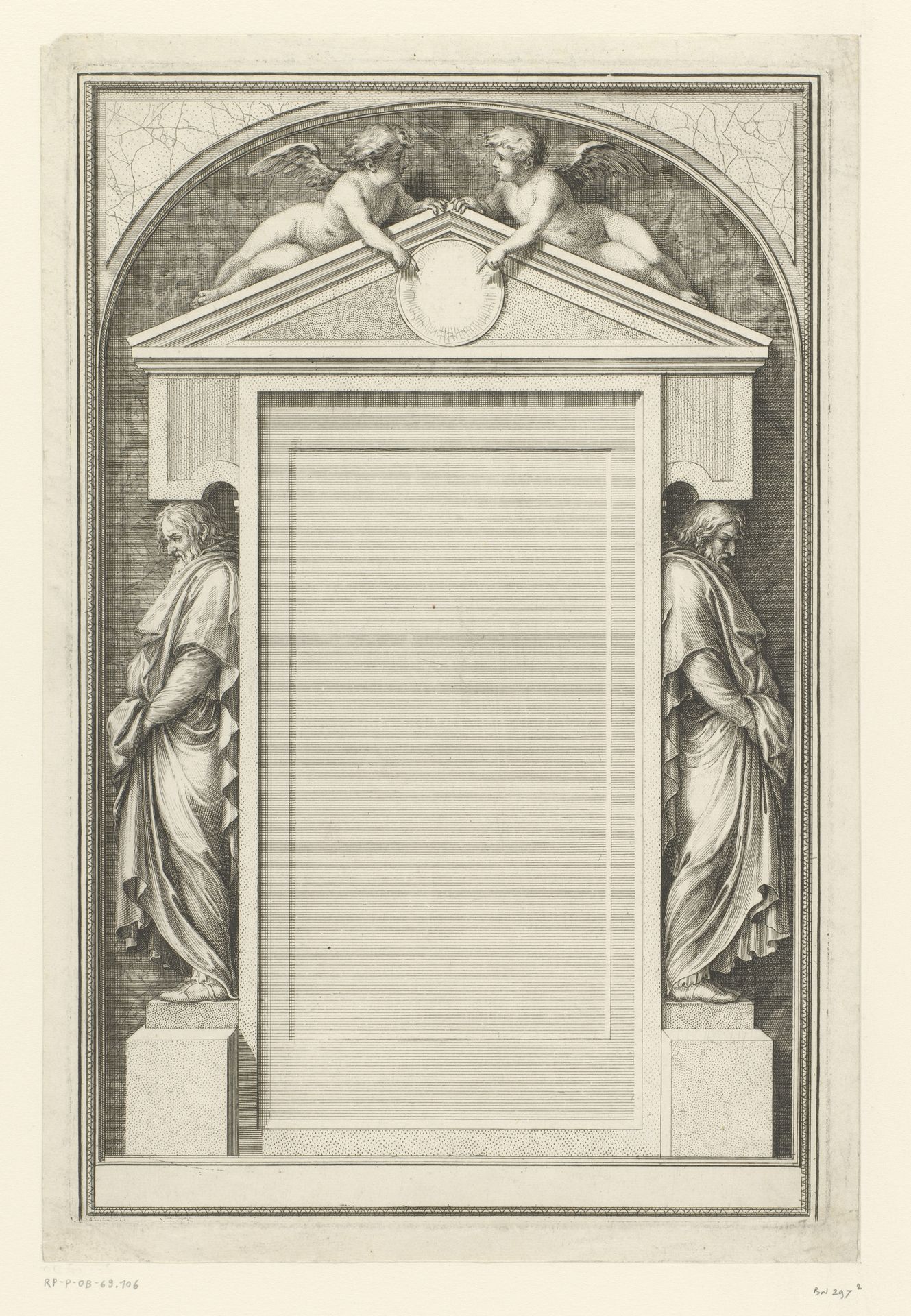 Titelprent met fronton geflankeerd door twee heiligen en twee putti by Sébastien Leclerc I