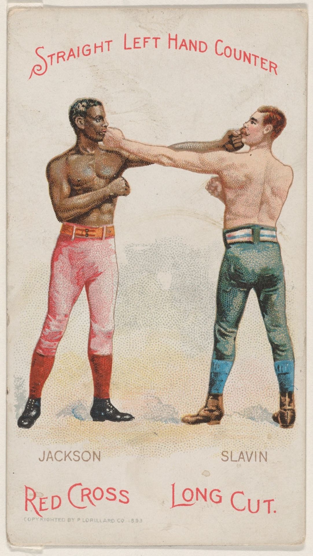 Straight Left Hand Counter, Peter Jackson and Fred Slavin, from the Boxing Positions and Boxers series (N266) issued by P. Lorillard Company to promote Red Cross Long Cut Tobacco by P. Lorillard Company
