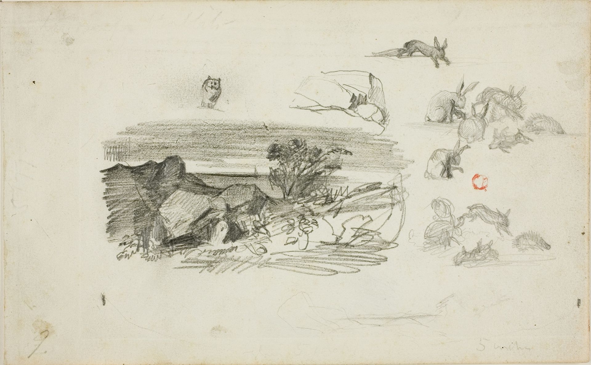 Sketches; Rocky Setting and Rabbits by Charles François Daubigny