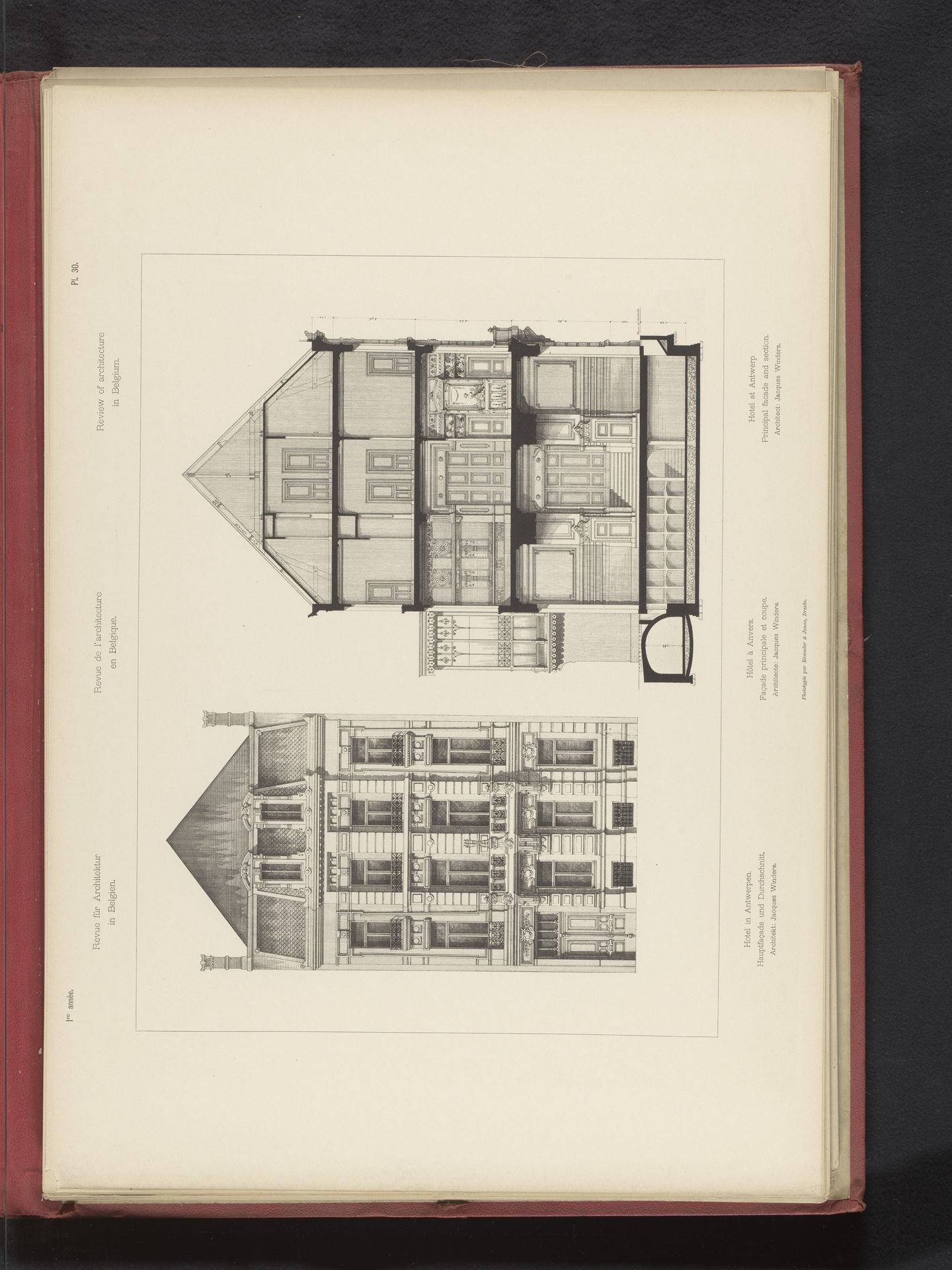 Reproductie van een ontwerp van een vooraanzicht en een reproductie van een ontwerp van een dwarsdoorsnede van een hotel in Antwerpen, door Jean-Jacques Winders by Römmler & Jonas