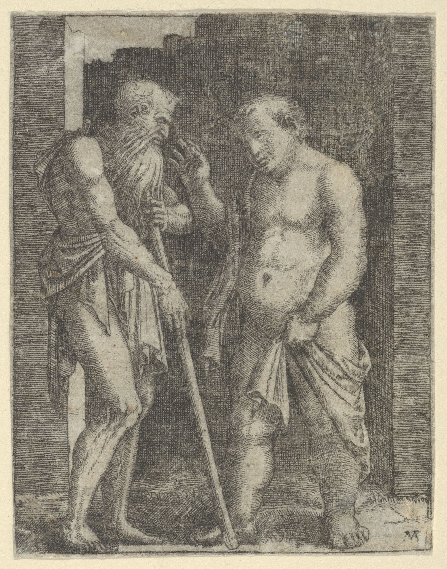 An old skinny man at left talking with a fat man at right by Marcantonio Raimondi