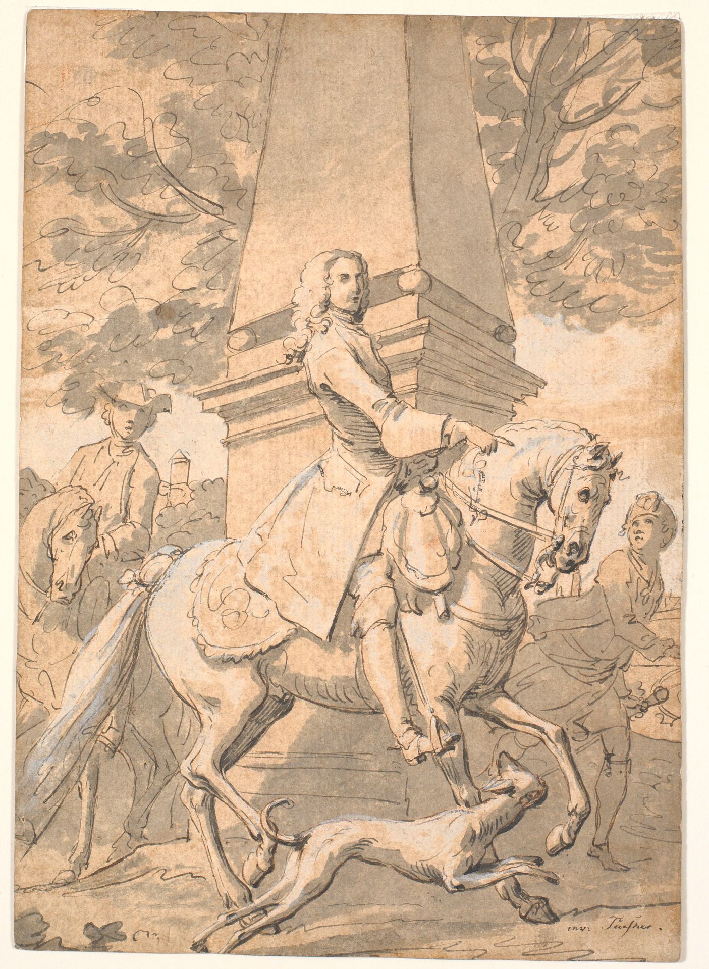 Fornem herre fulgt af tjenere rider forbi et monument by Marcus Tuscher