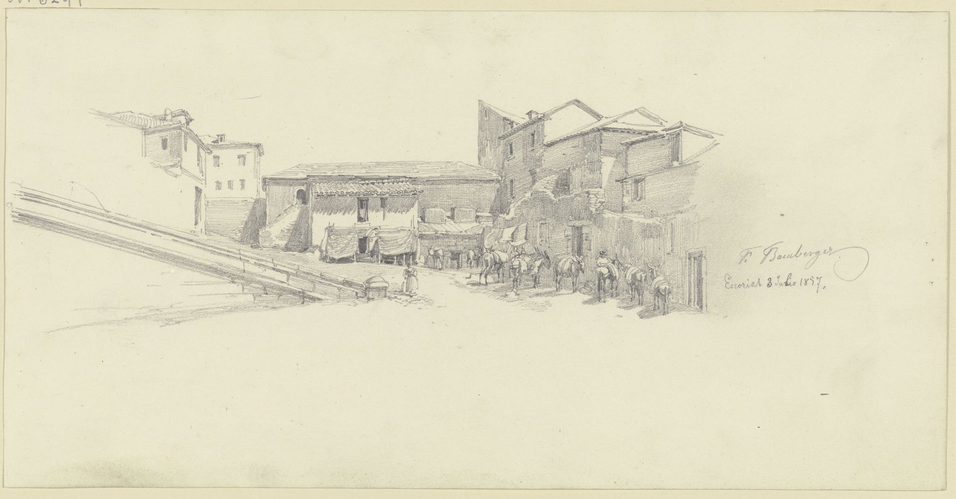 Group of houses with donkeys by Fritz Bamberger