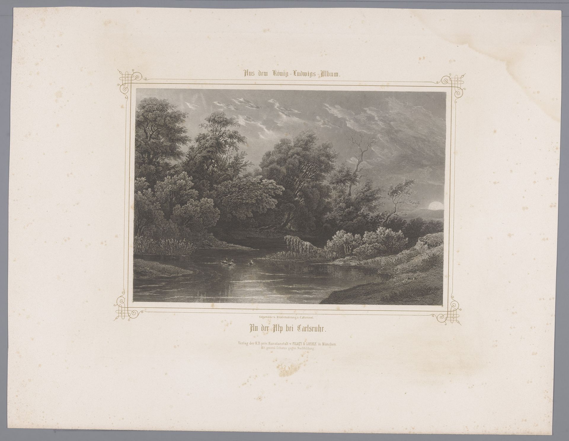 Gezicht op bomen aan de waterkant bij Karlsruhe by Carl Ludwig Frommel