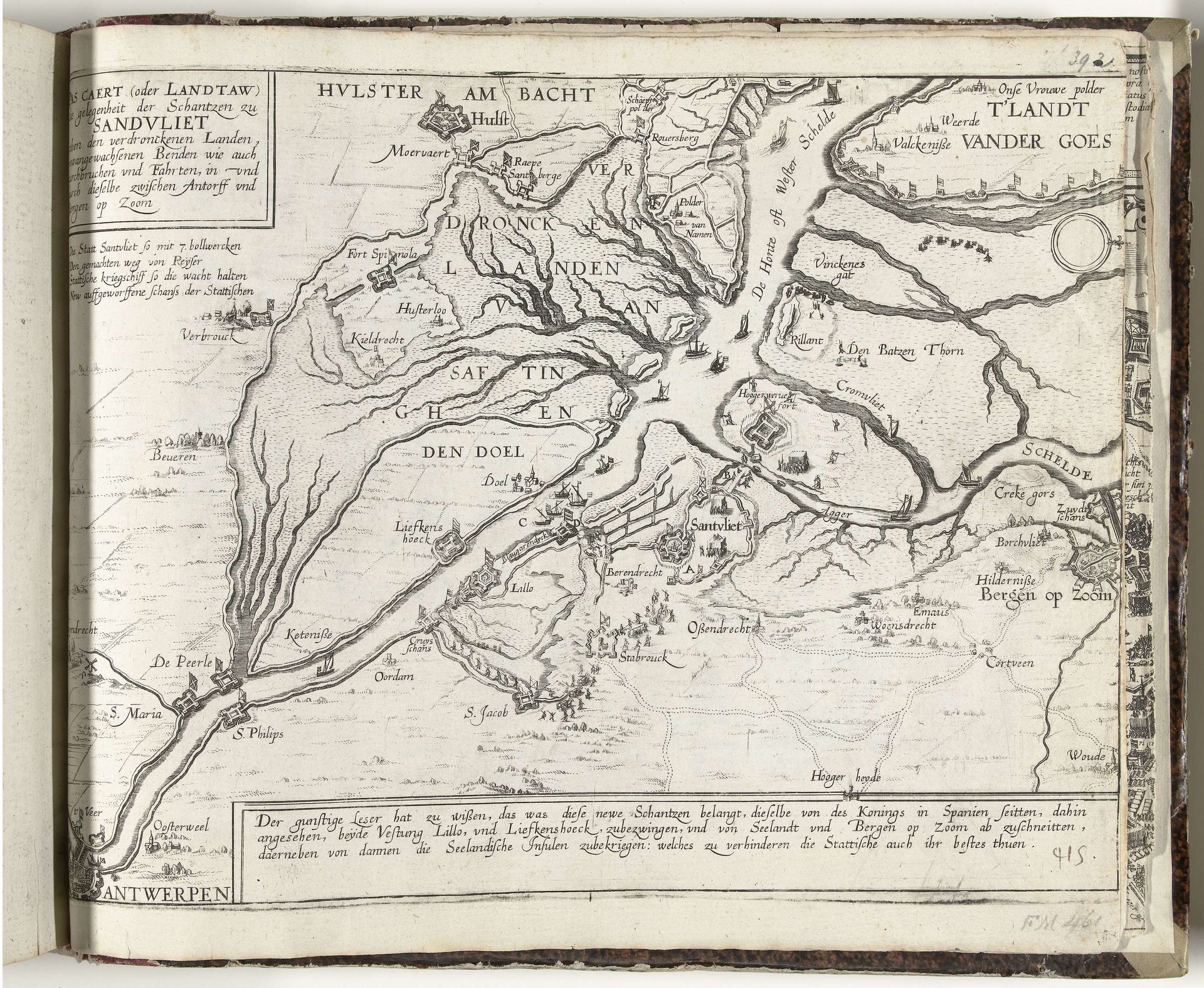 Paskaart met de nieuwe schansen in de omgeving van Zandvliet, 1627 by Frans Hogenberg