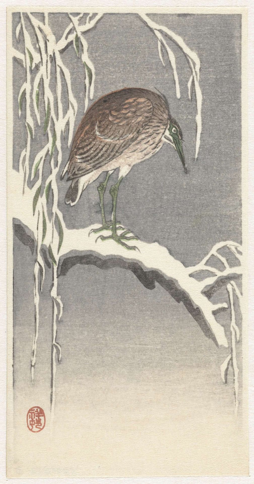 Reiger op besneeuwde boomtak by Ohara Koson