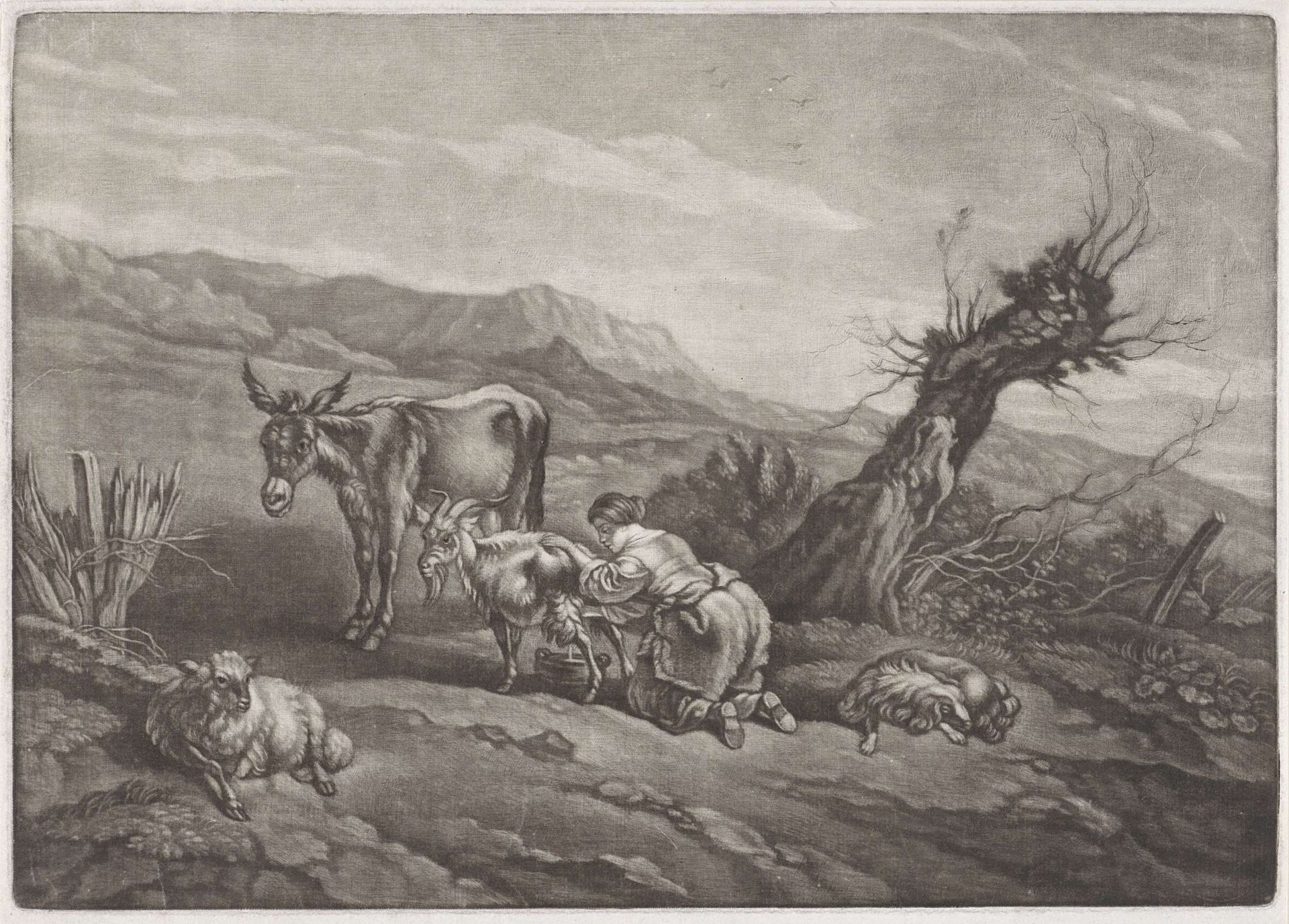 Landschap met een herderin die een geit melkt by Anonymous