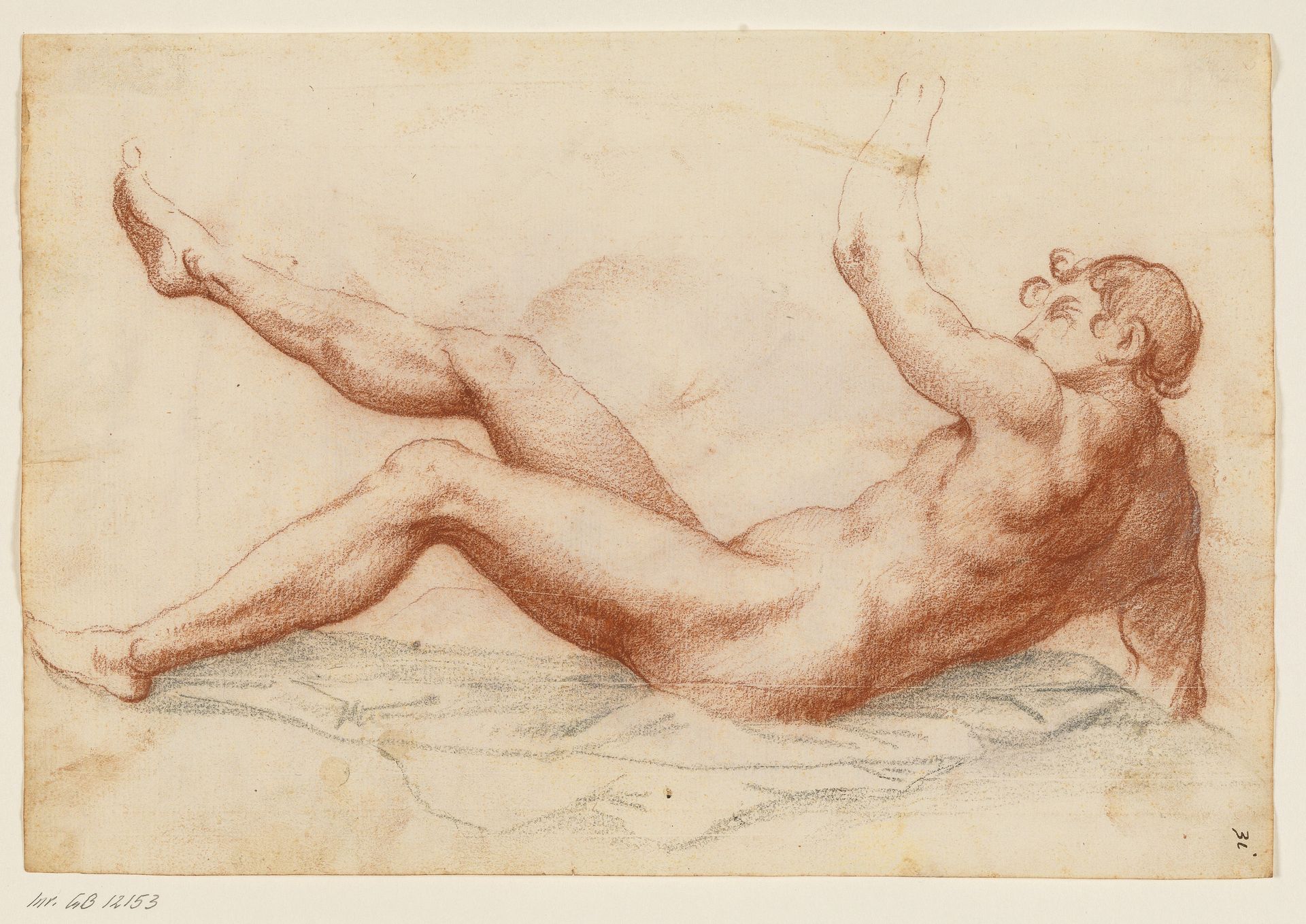 Prostrated male nude turned left leaning on his right arm and lifting his left arm and right leg up by Anonymous