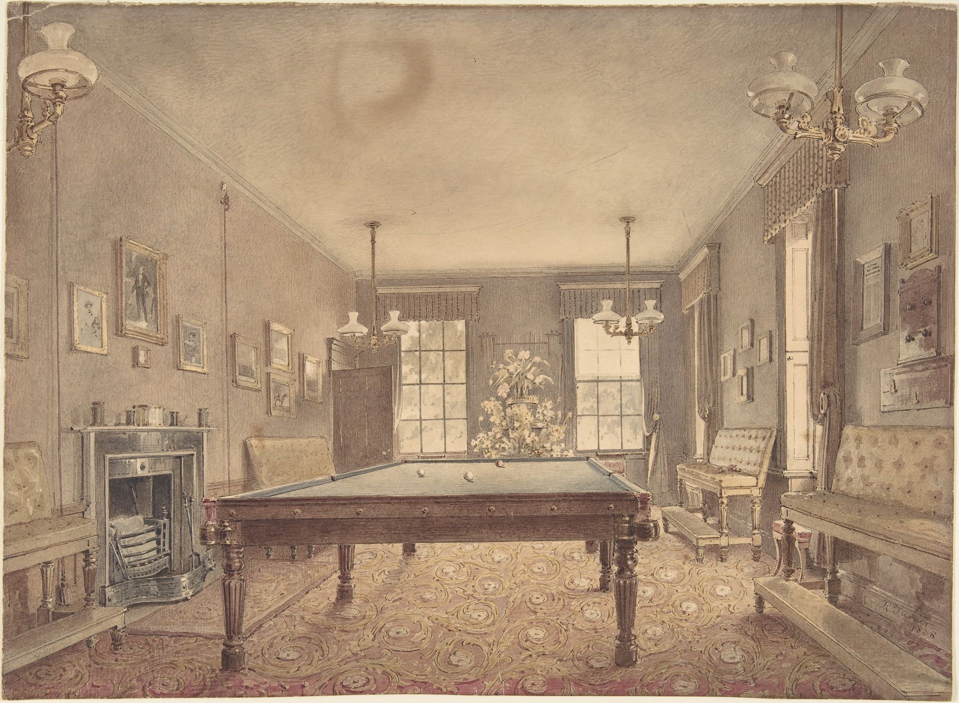Interior of the billiard room at Lupton House, Devonshire, designed by George Wrightwick for Sir J.B.Y. Buller by Reid Turner