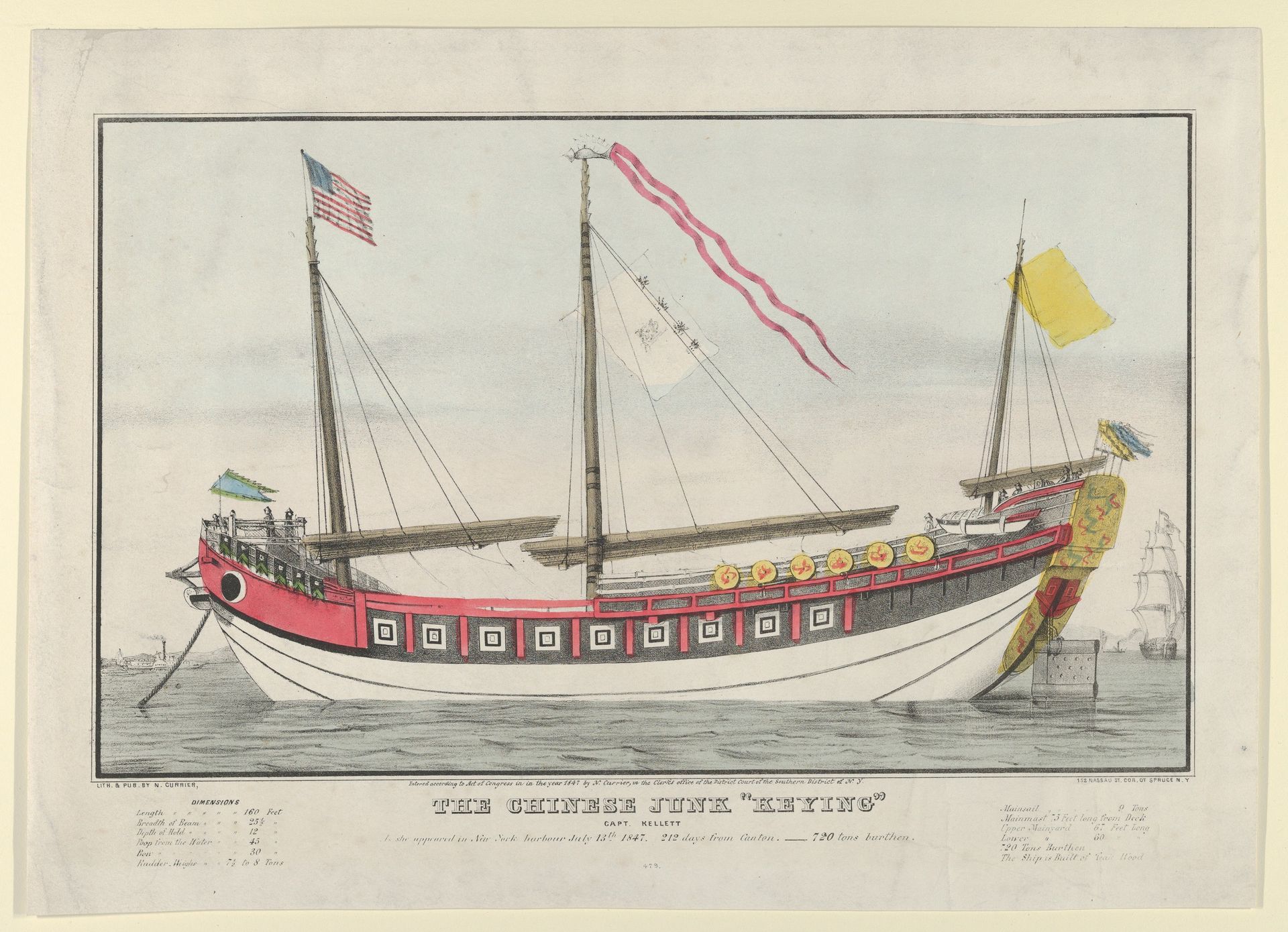The Chinese Junk "Keying"–Captain Kellett–As she appeared in New York harbour July 13th, 1847–212 days from Canton.–720 tons burthen by Nathaniel Currier