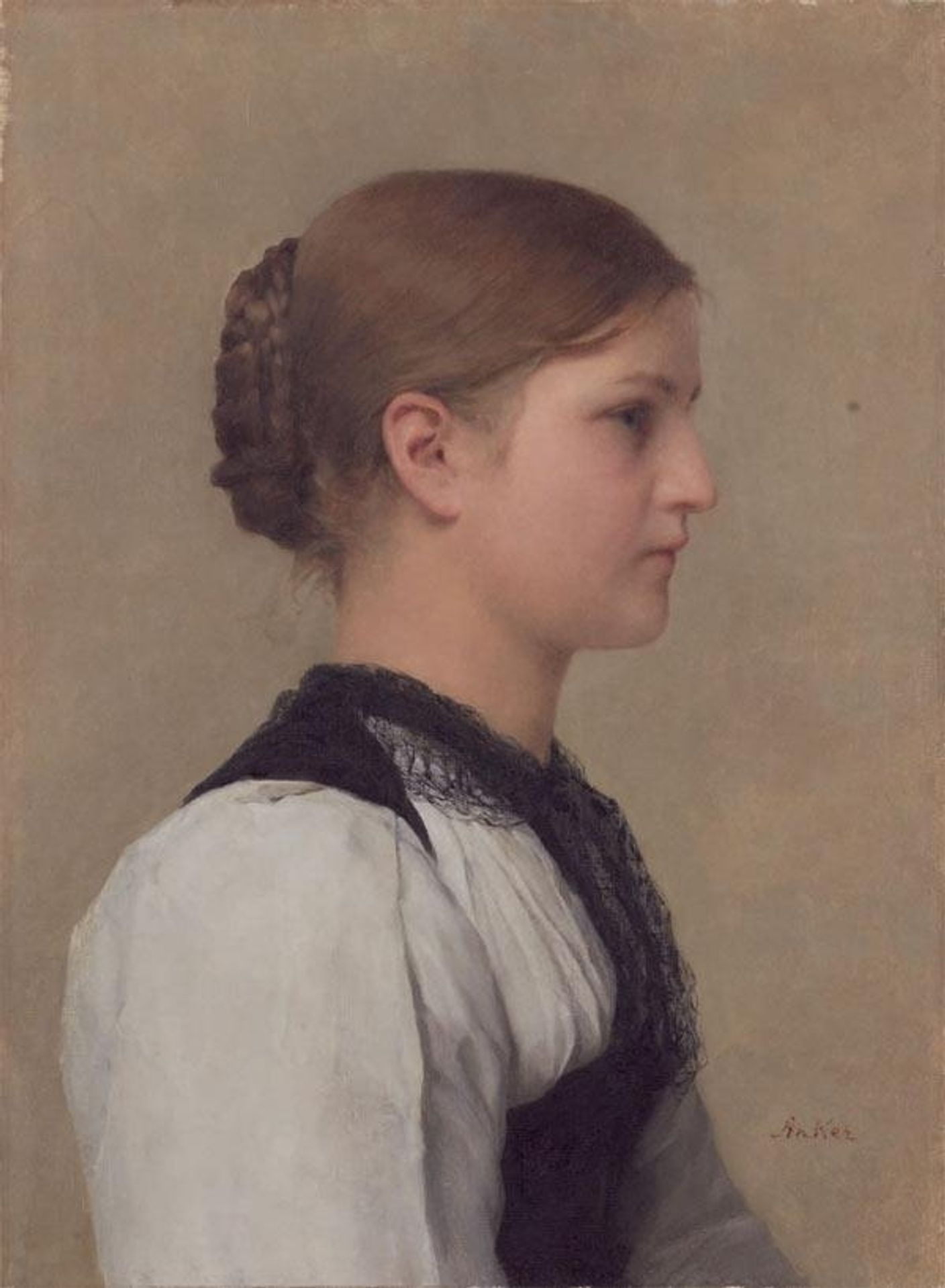 Half-length portrait of a girl in traditional Bernese costume by Albrecht Anker