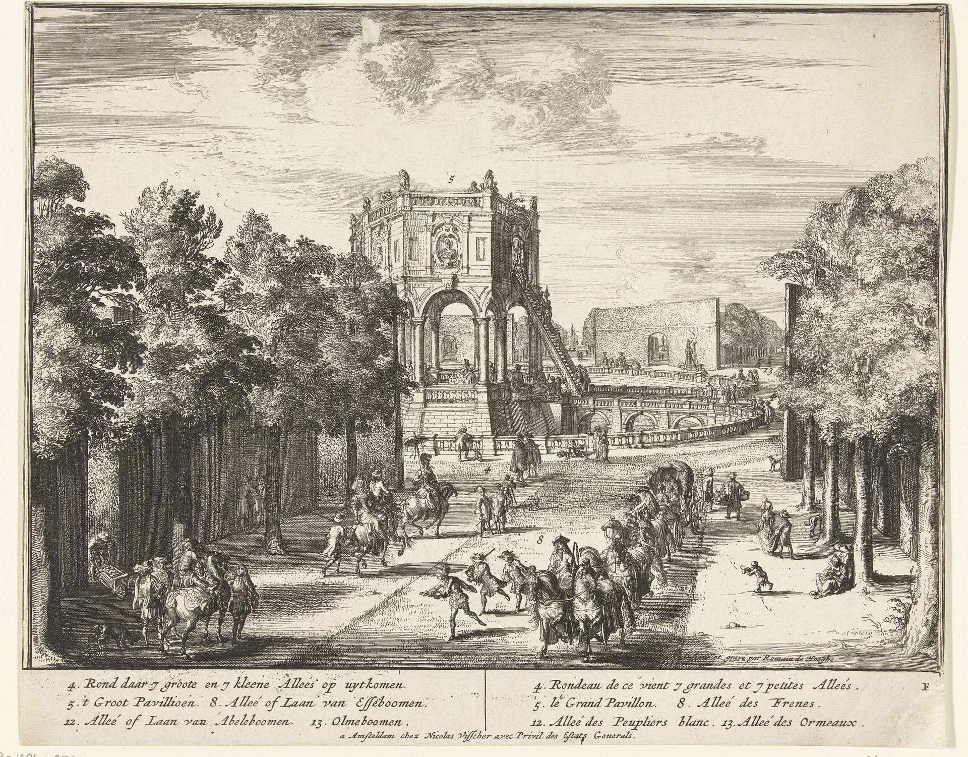 Laan in het park van Enghien die uitkomt op een paviljoen by Romeyn de Hooghe
