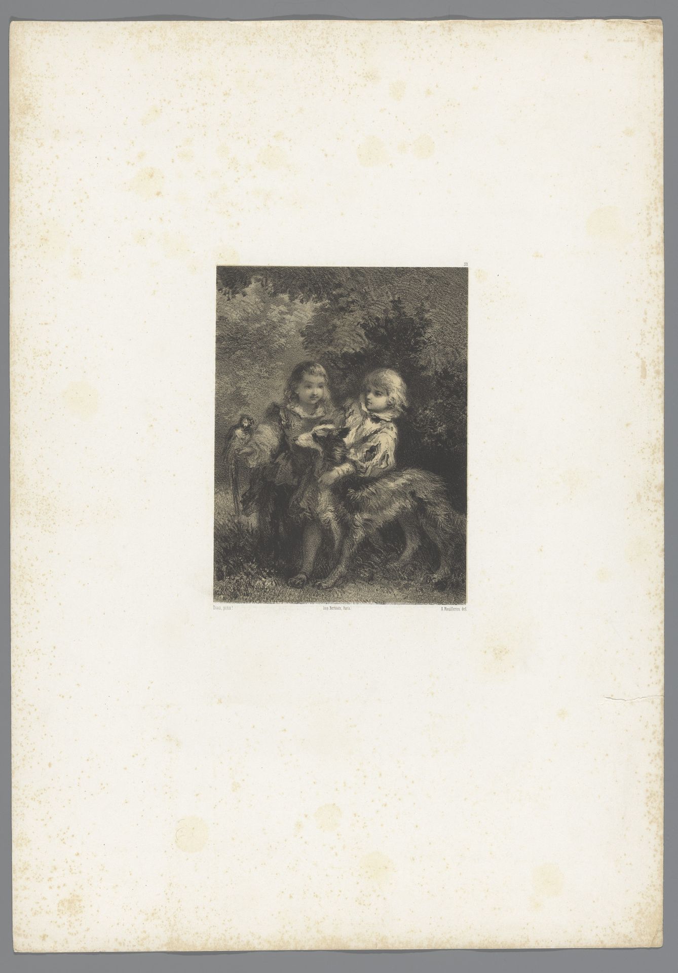 Twee kinderen met een papegaai en een hond by Adolphe Mouilleron