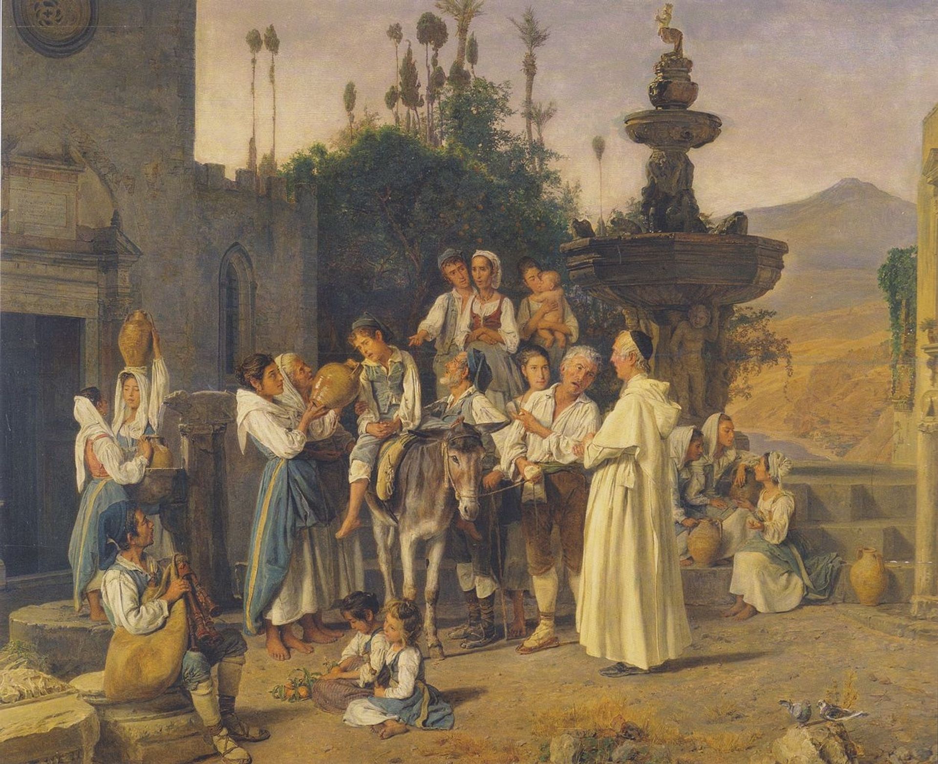 Refreshment at the city's fountain of Taorimina by Ferdinand Georg Waldmüller
