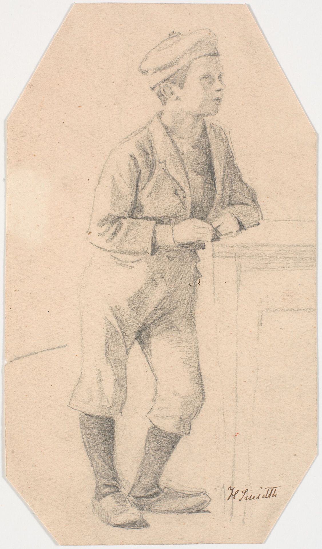 Dreng, der læner sig mod et bord by Hans Smidth