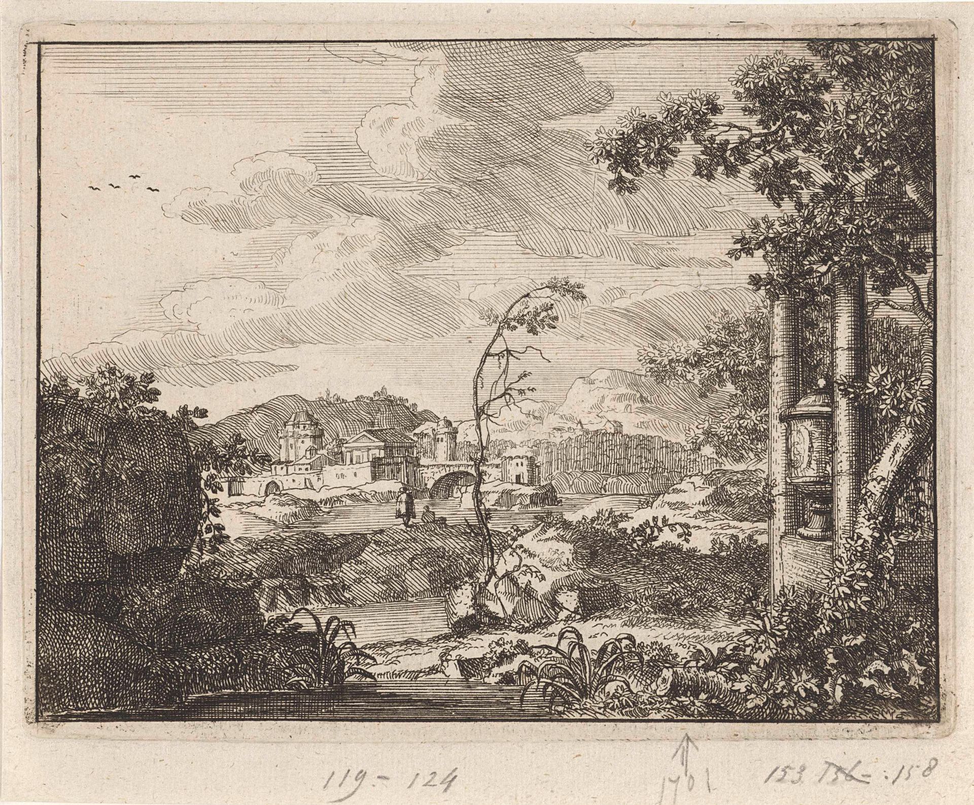 Rivierlandschap met heuvels en een stad by Anonymous
