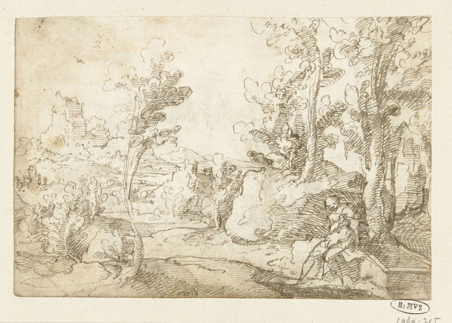 Landschap met een figuur zittend bij een waterput by Jan van Scorel