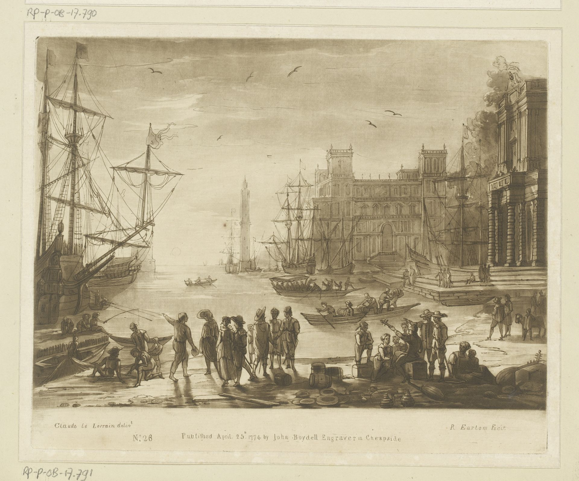 Zeehaven met veel figuren en twee gebouwen by Richard Earlom