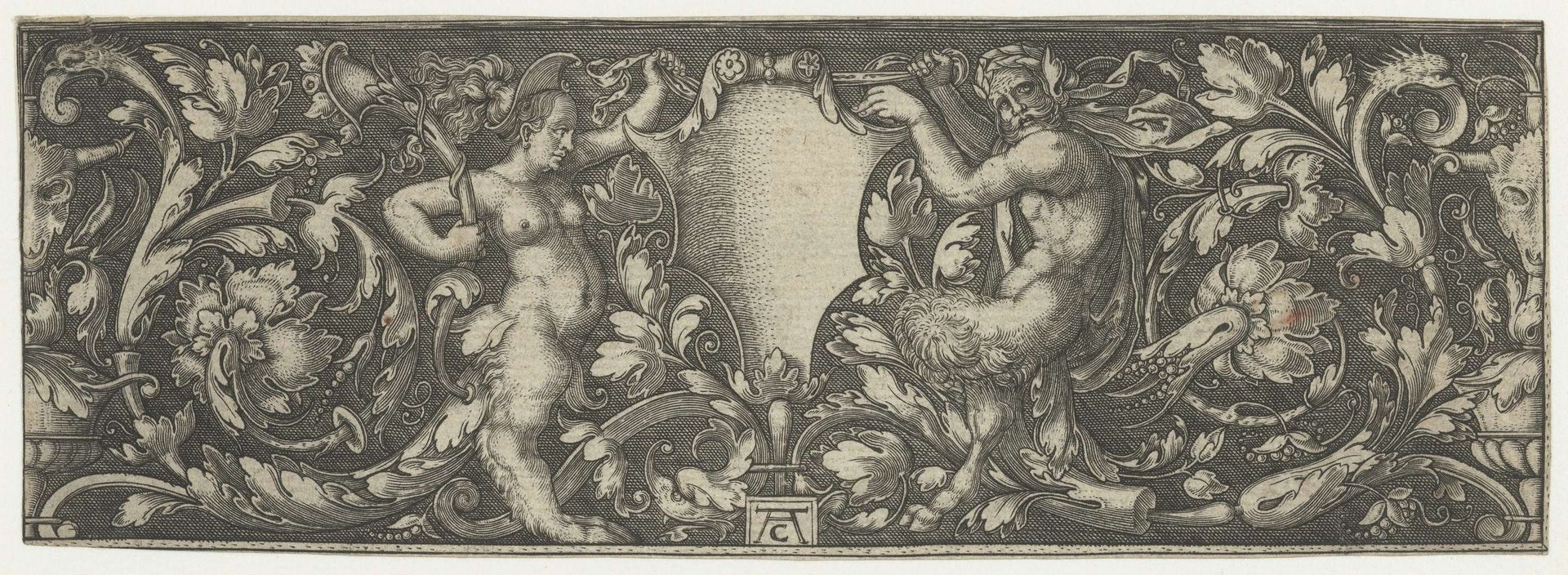 Ornament met vrouwelijke en mannelijke sater by Monogrammist AC (16e eeuw)