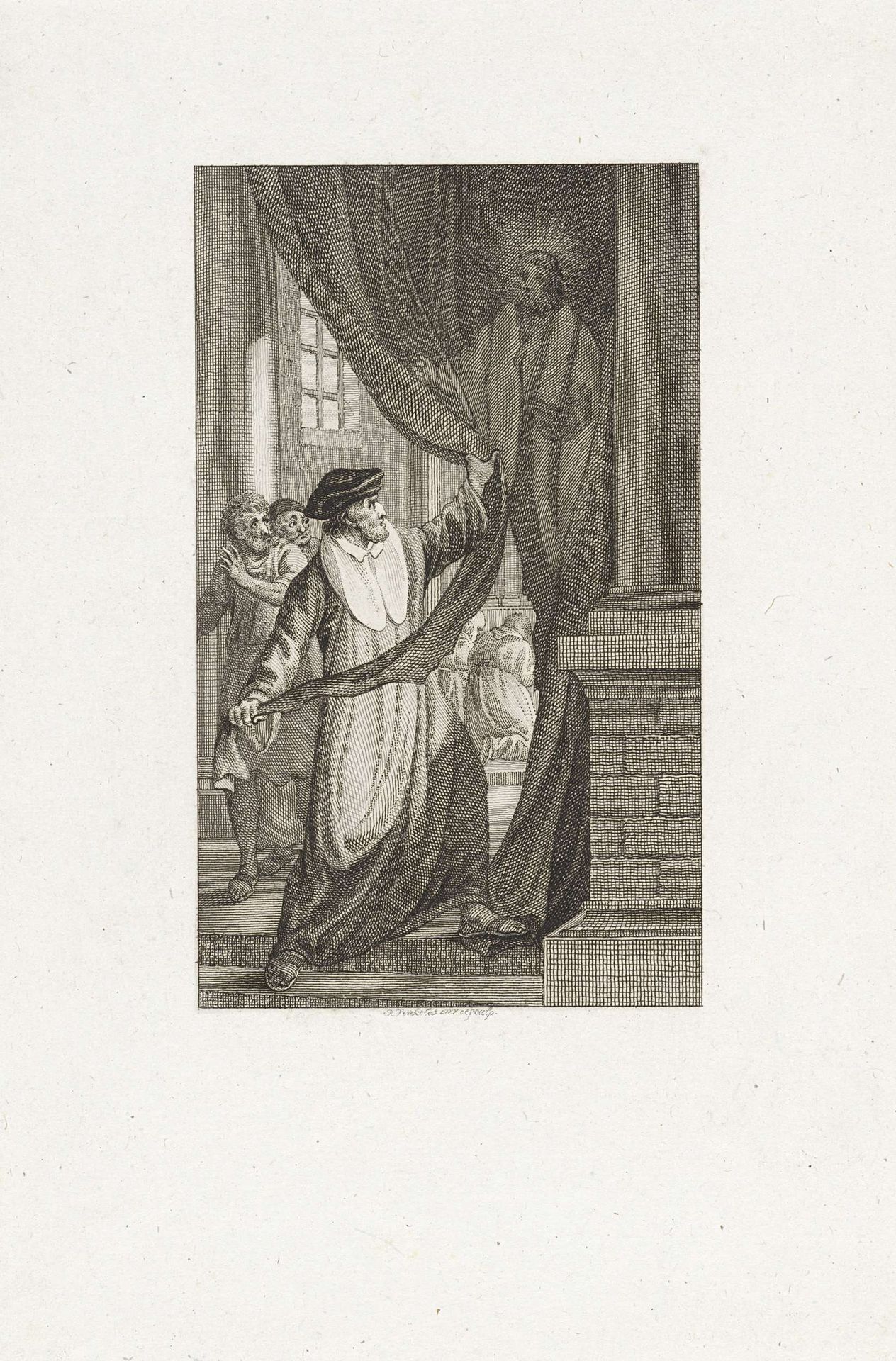 Epifanius staat op het punt om een beeld van Christus te vernietigen by Reinier Vinkeles