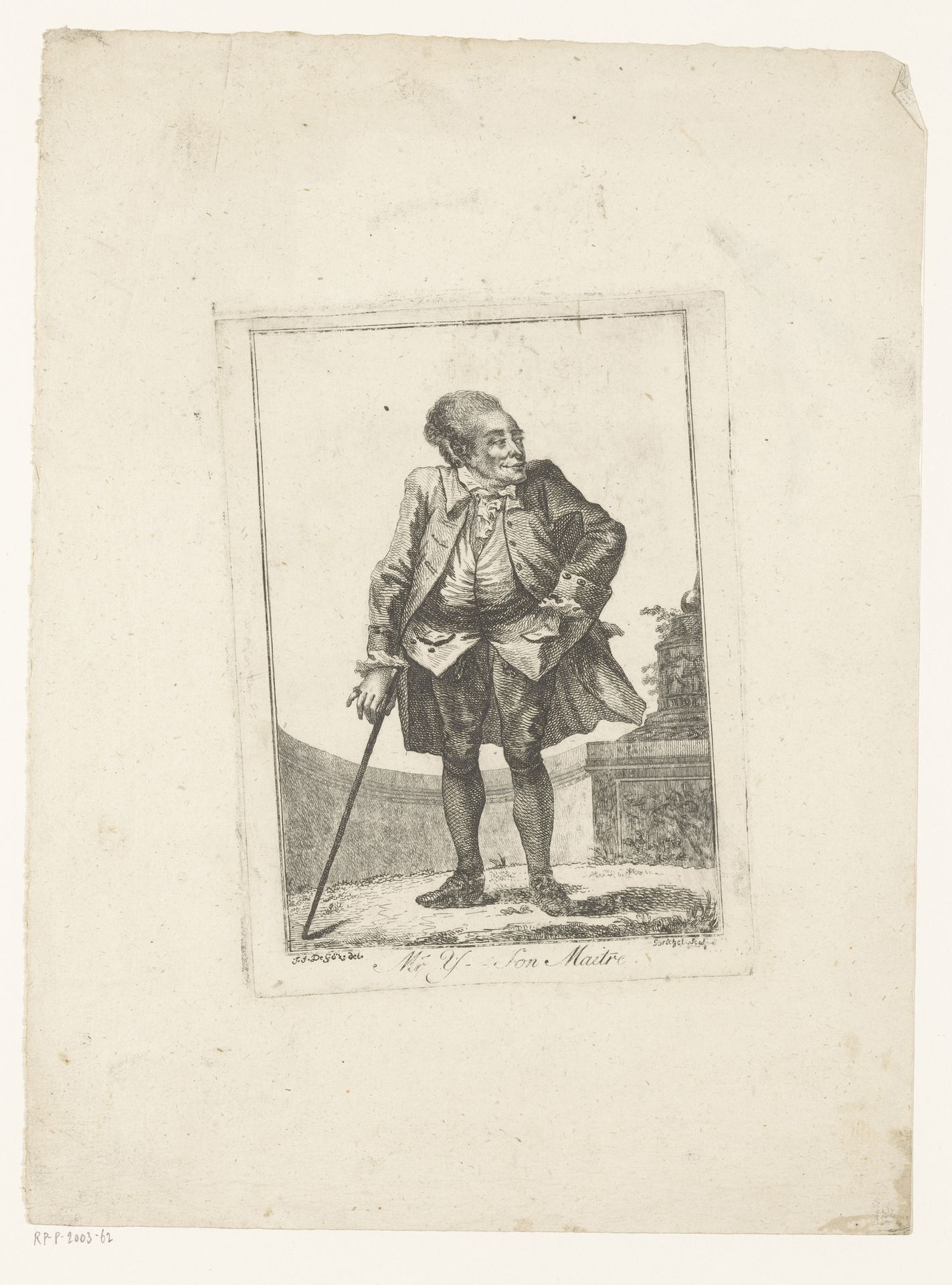 Staande man met wandelstok in een tuin by Robert Brichet