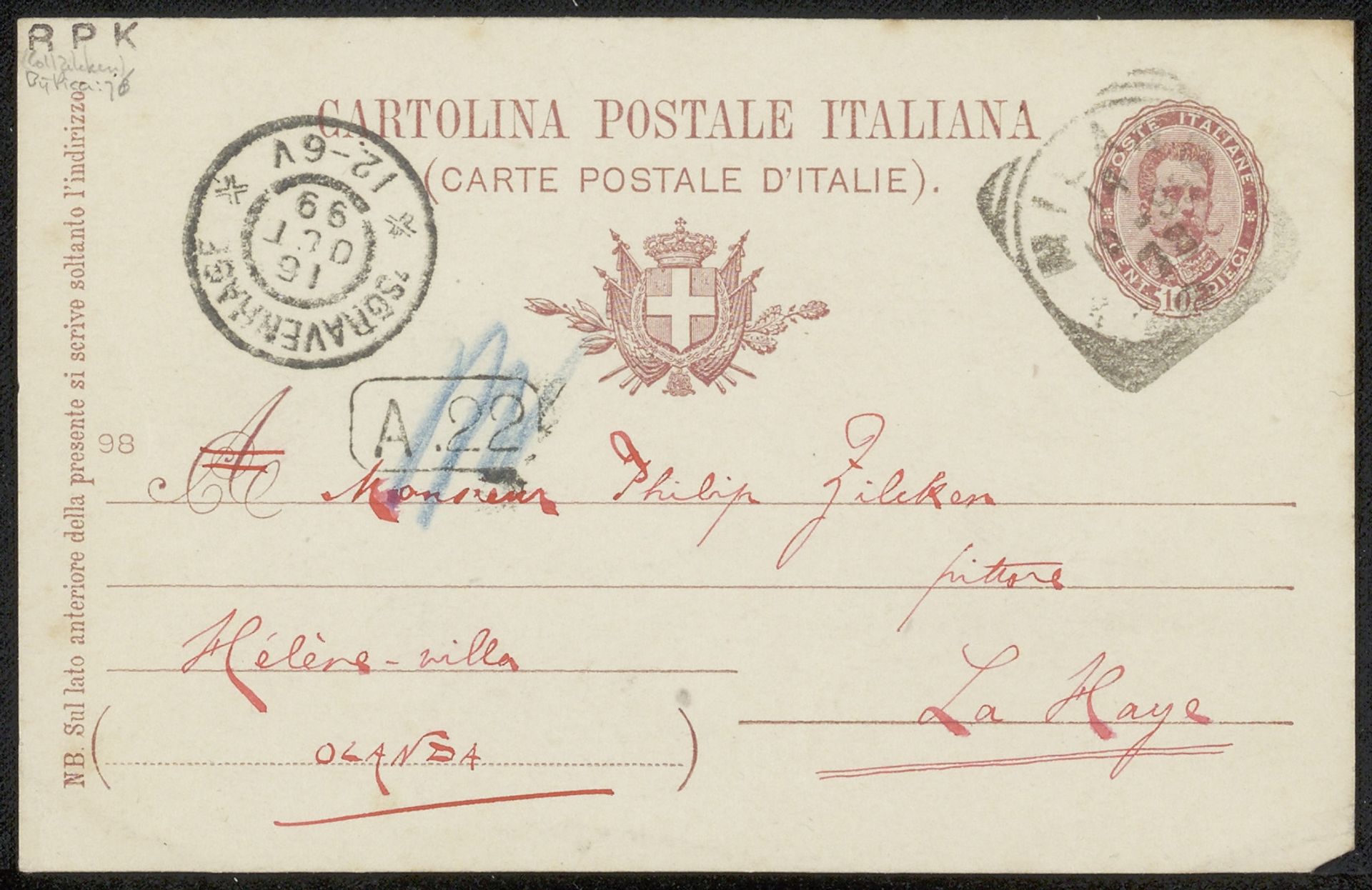 Briefkaart aan Philip Zilcken by Vittorio Pica