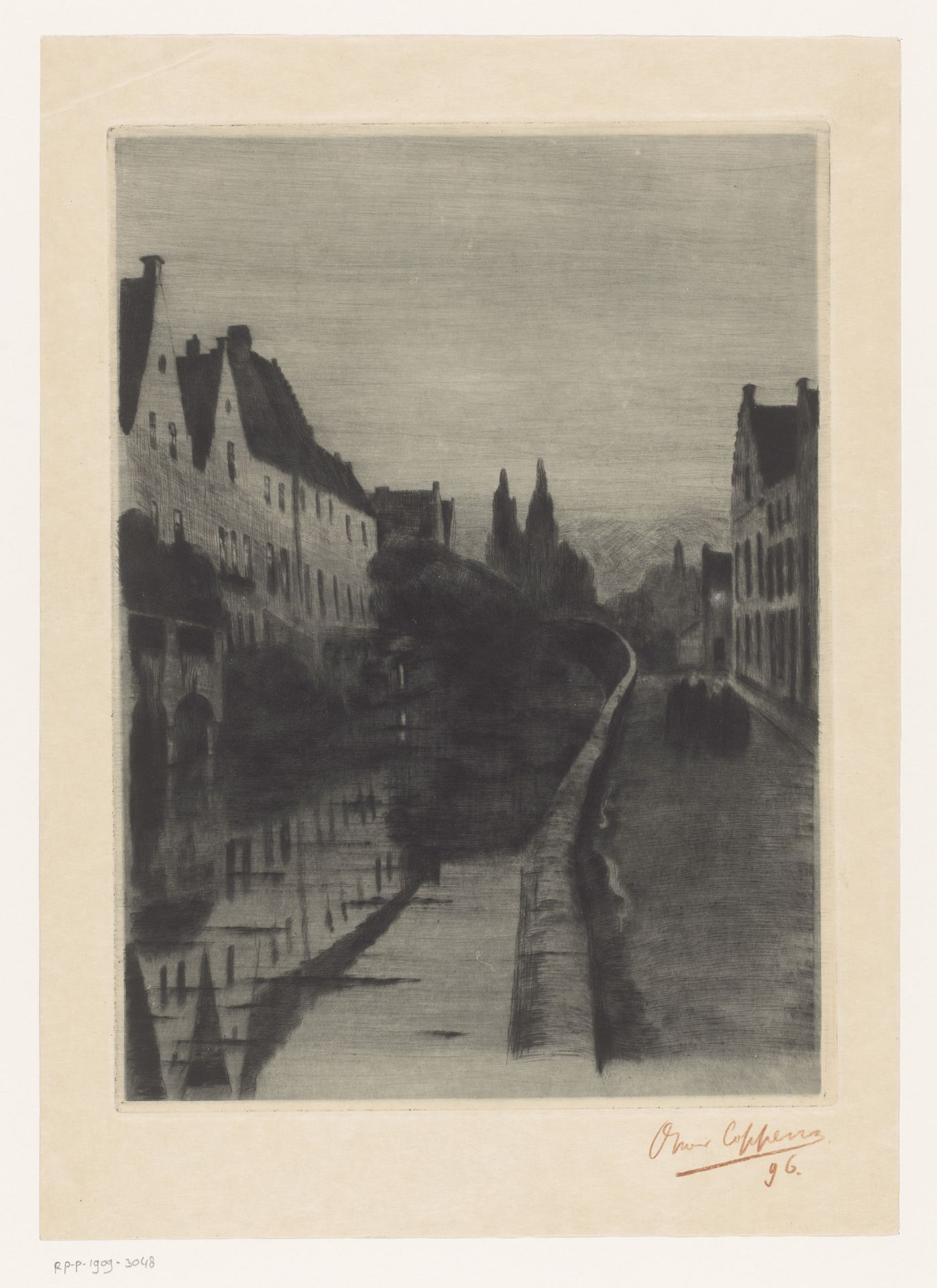 Twee figuren lopen langs een stadsgracht by Omer Coppens