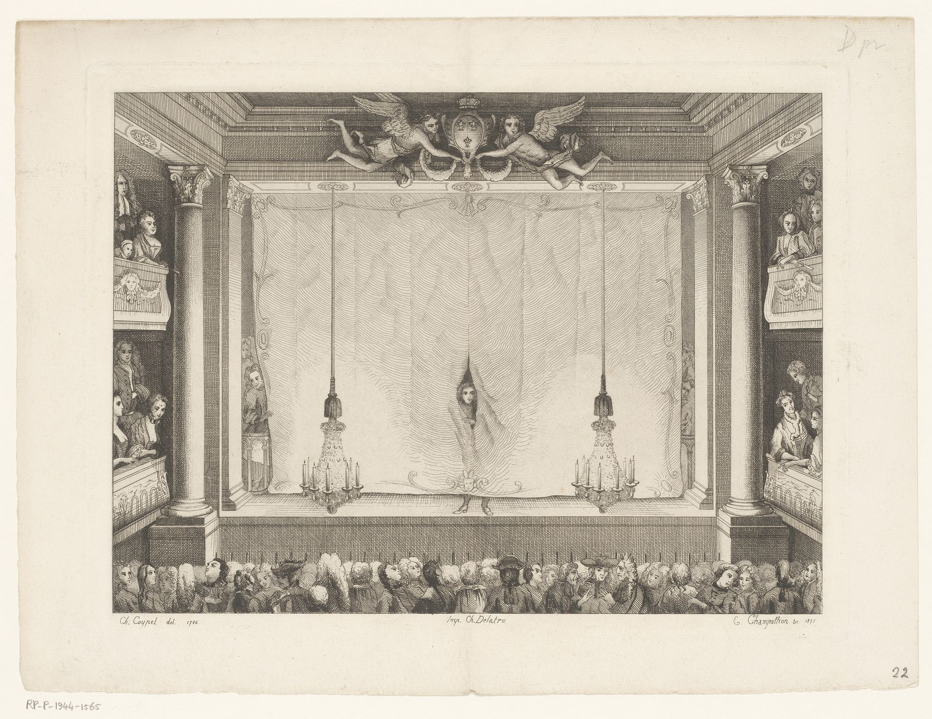 Theater met neergelaten gordijn waar doorheen een acteur de zaal inkijkt by Eugène Andrè Champollion