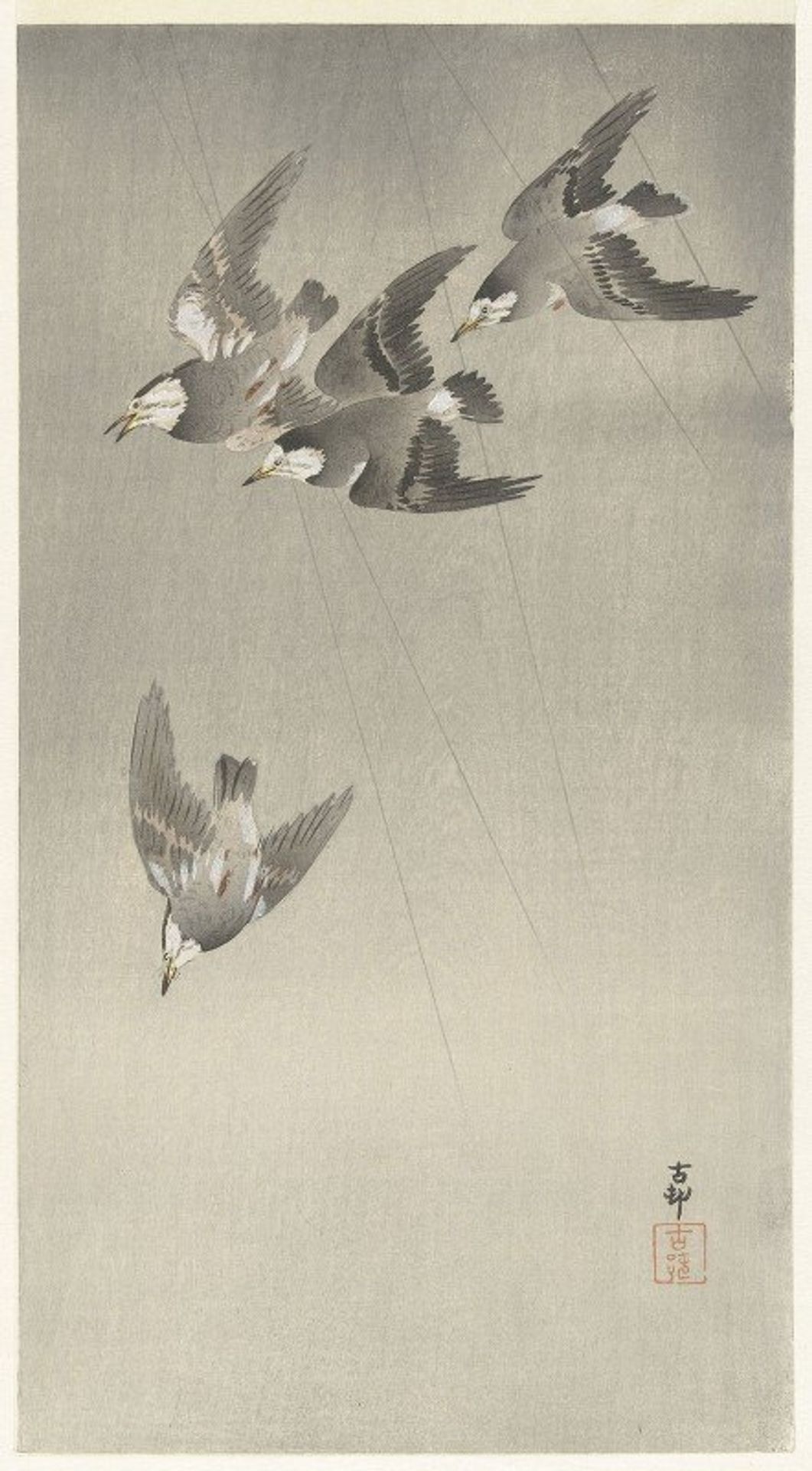 Starlings in the rain by Ohara Koson
