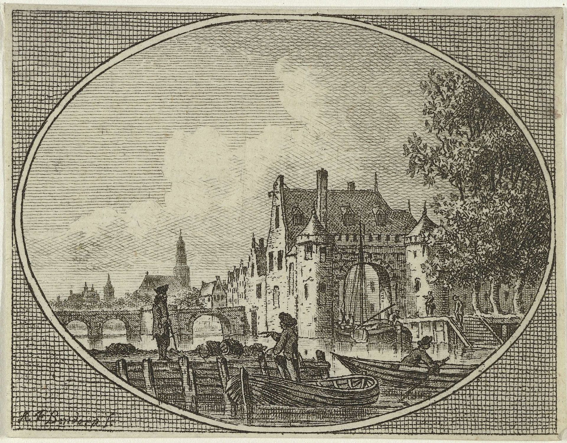 Stadsgezicht met stadspoort gezien vanaf rivier by Carel Frederik (I) Bendorp