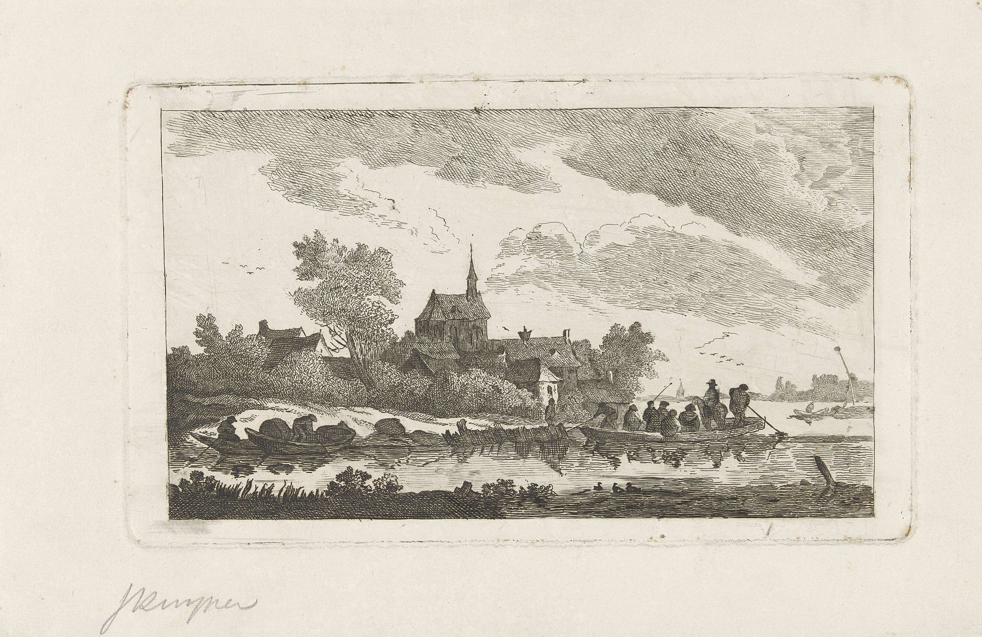 Dorp aan een rivier by J. (prentmaker) Kuyper