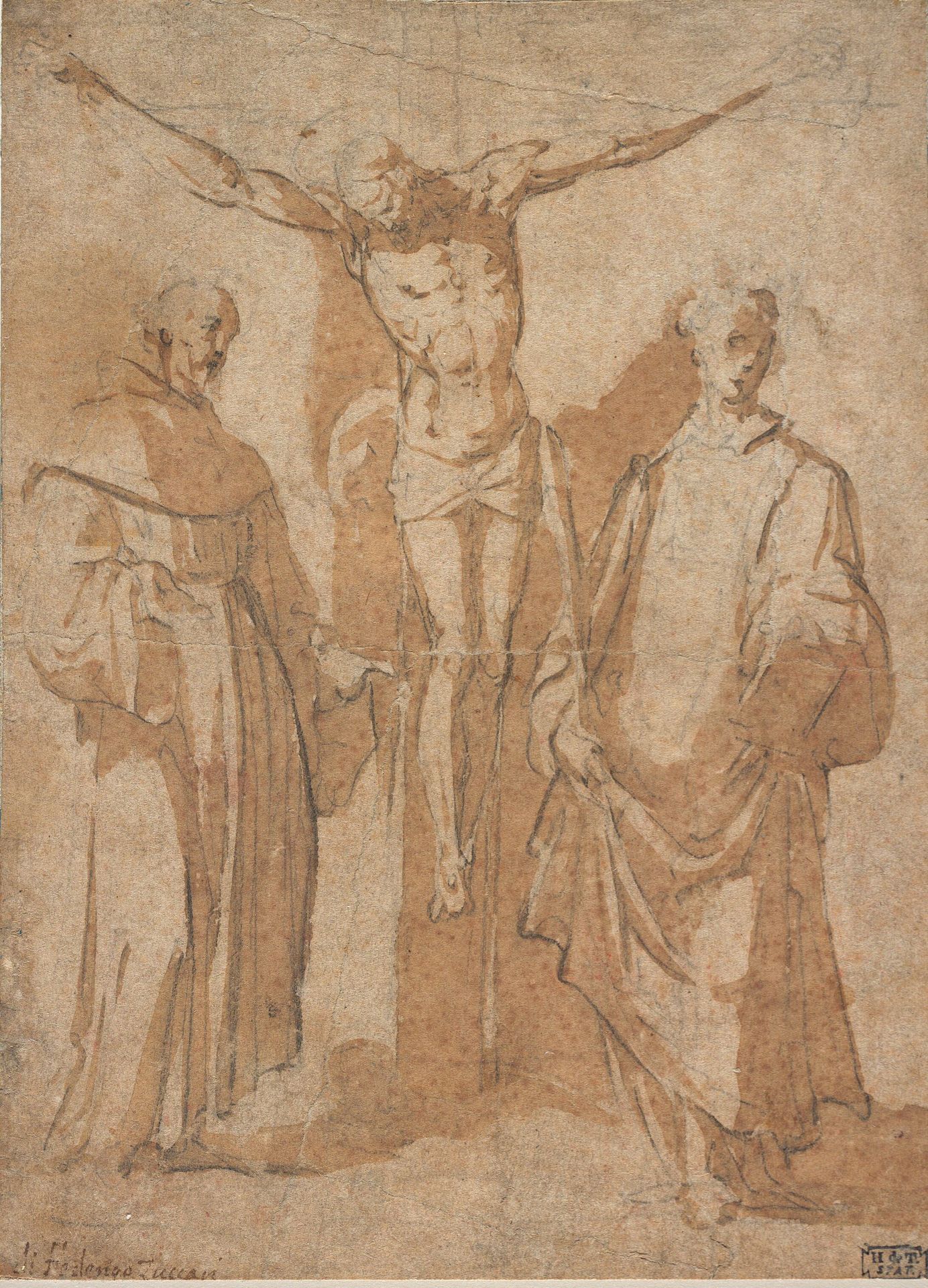 Christ on the Cross flanked by two Saints by Sebastiano Vini