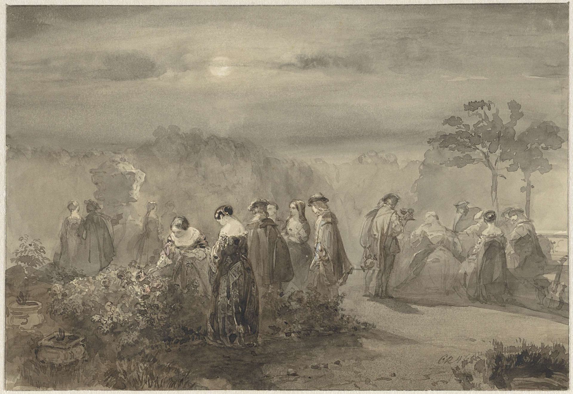 Gezelschap van dames en heren in een door de maan beschenen hof met rozenstruiken by Charles Rochussen