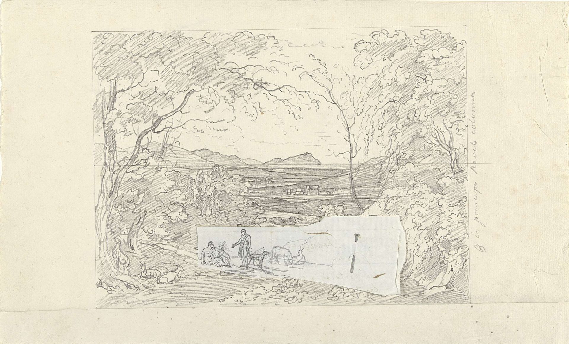 Geïdealiseerd landschap in de Campagna met  twee figuren met drie geiten by Abraham Teerlink
