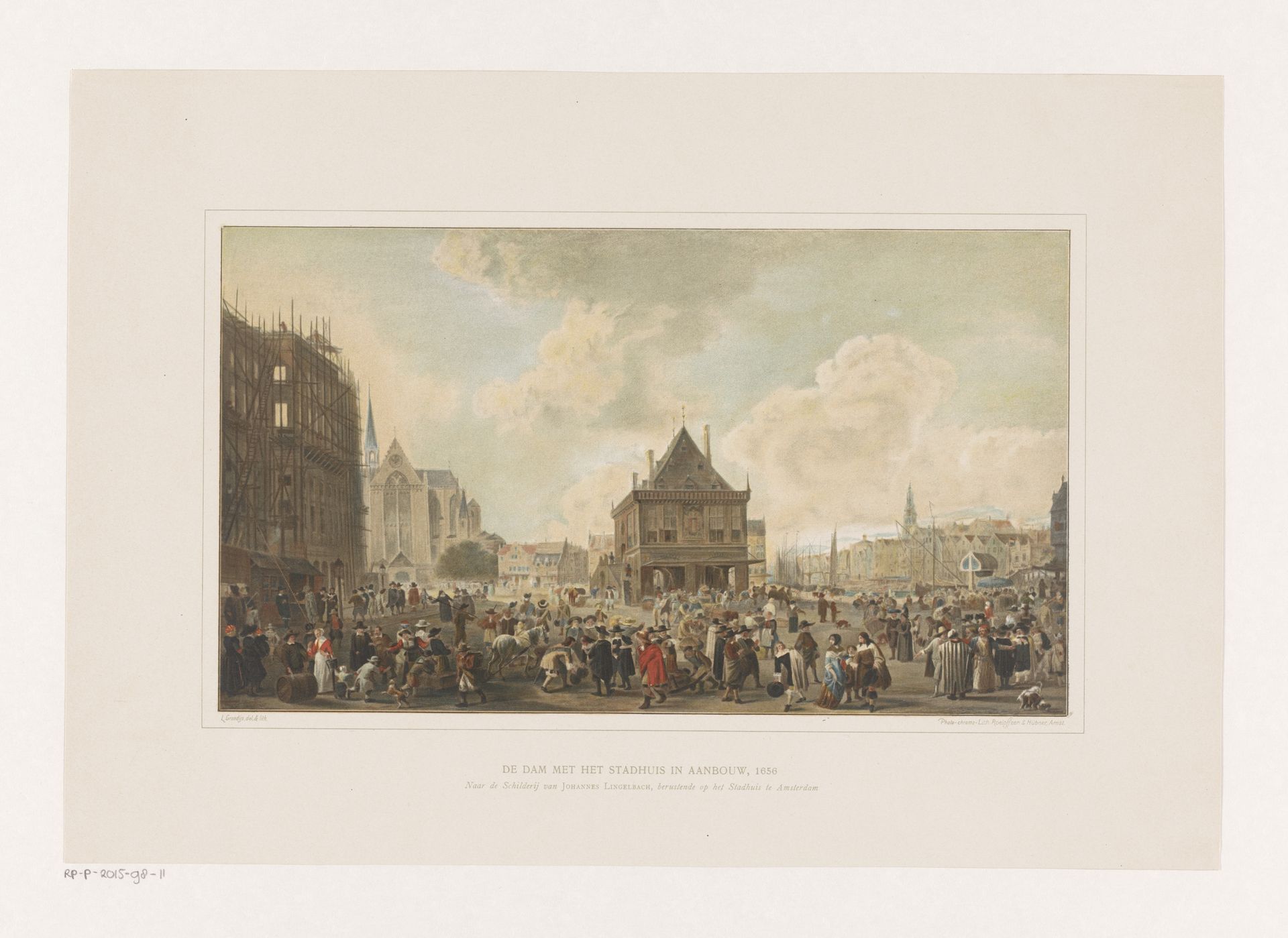 Dam in Amsterdam met het paleis in aanbouw by Leendert Izaac Frederikus Grondijs