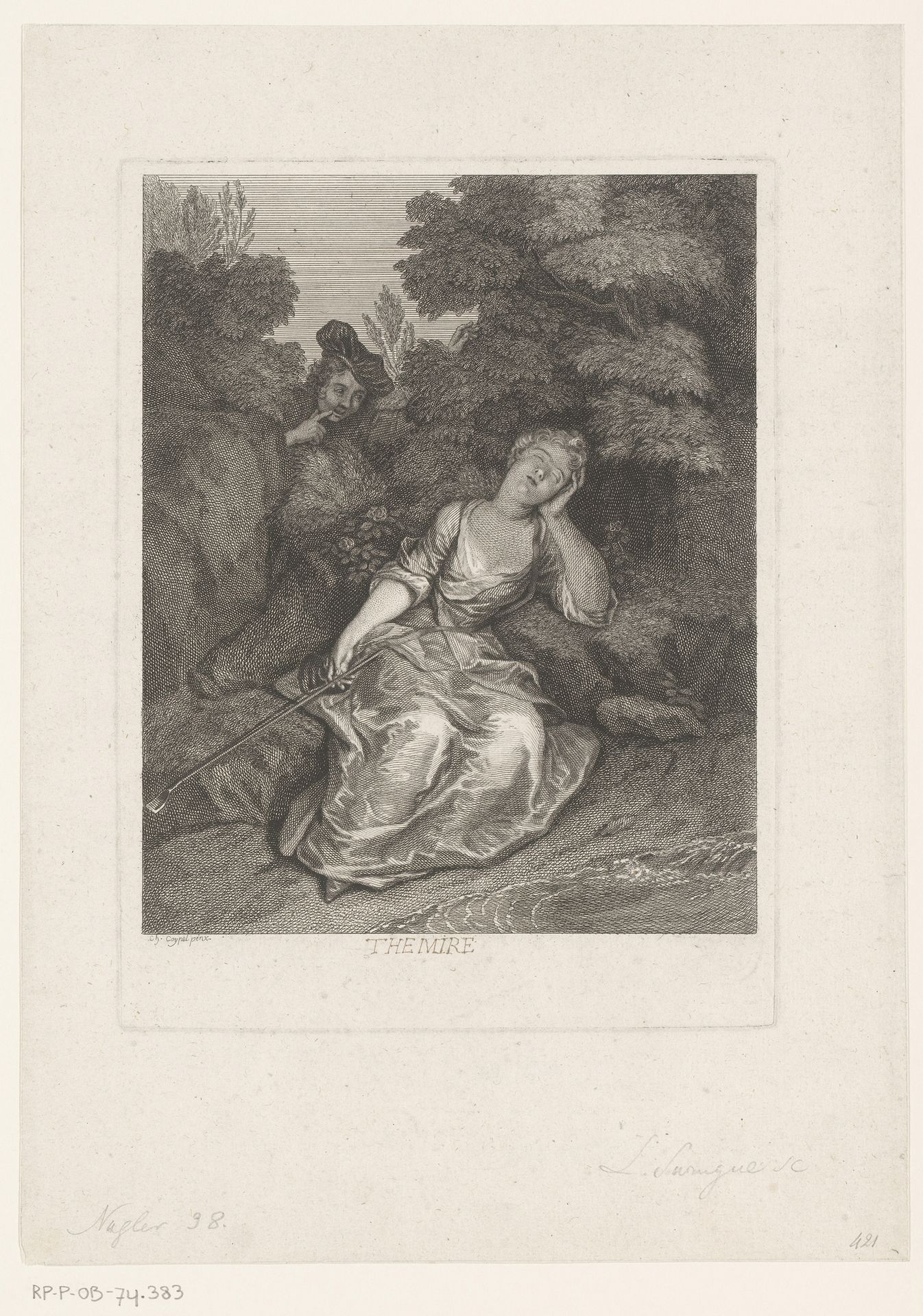 Slapende herderin bespied door een man by Louis Surugue