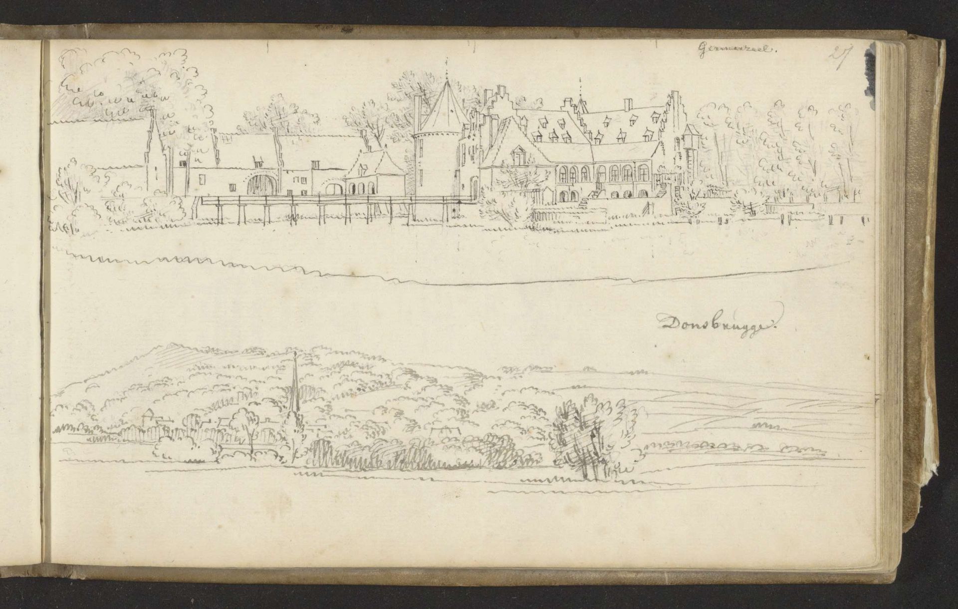 Kasteel te Germerzeel en gezichten op Donsbrüggen in Duitsland by Abraham de (II) Haen