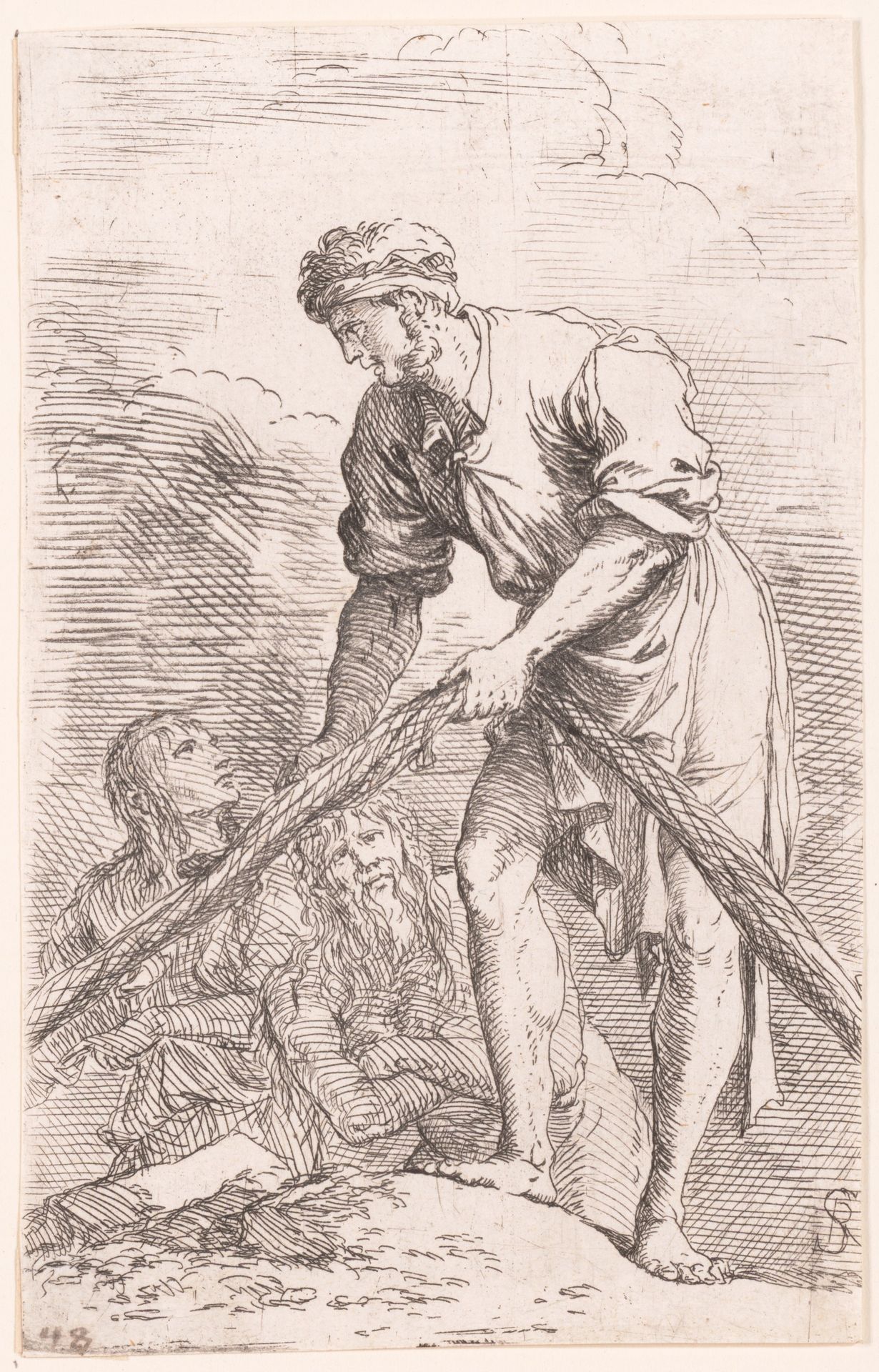 A man pulling a net with two figures behind him, from the series 'Figurine' by Salvator Rosa