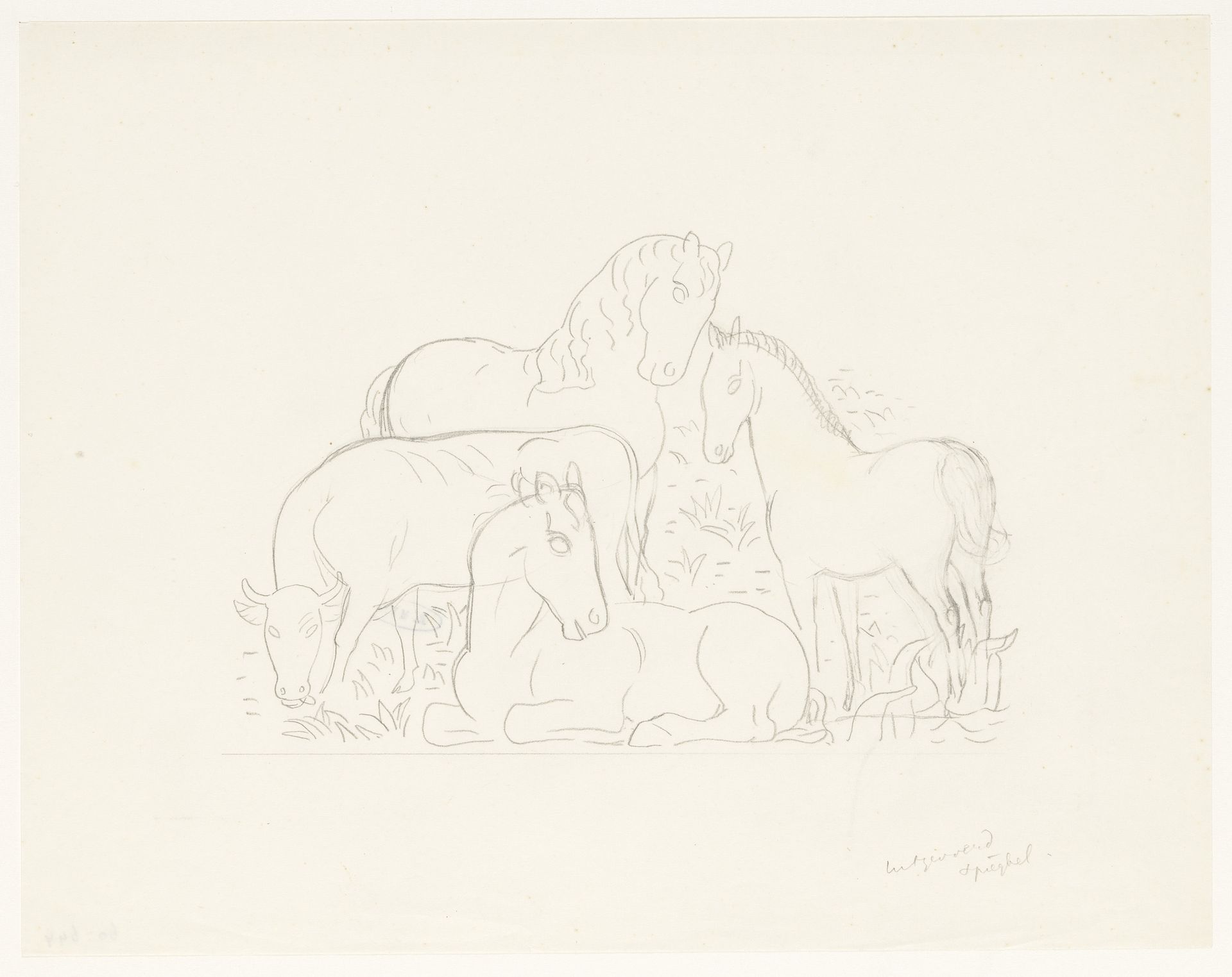 Koe en drie paarden by Leo Gestel