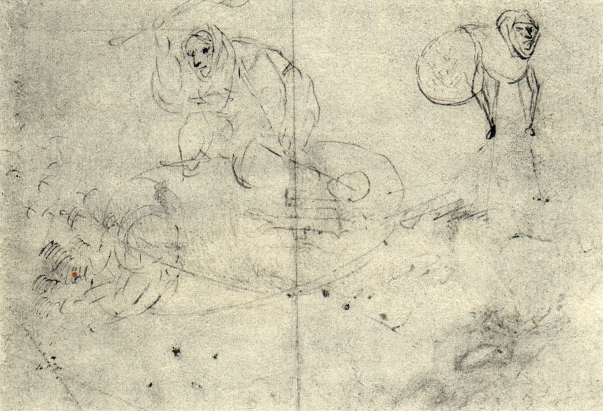 Figure in a beehive and a monsterb (A cursory sketch of two women) by Hieronymus Bosch