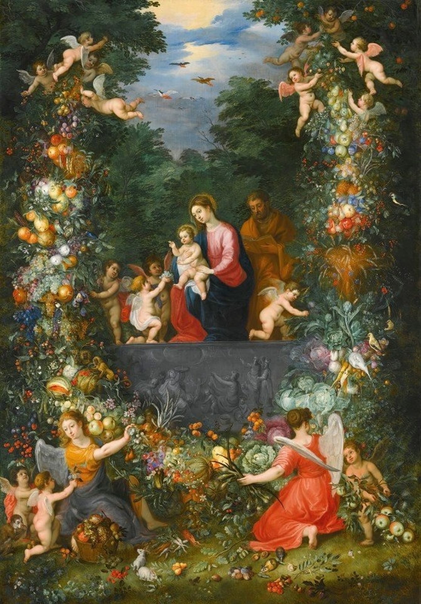The Holy Family Within A Garland Of Fruit, Flowers And Vegetables Held By Angels by Jan Brueghel the Younger