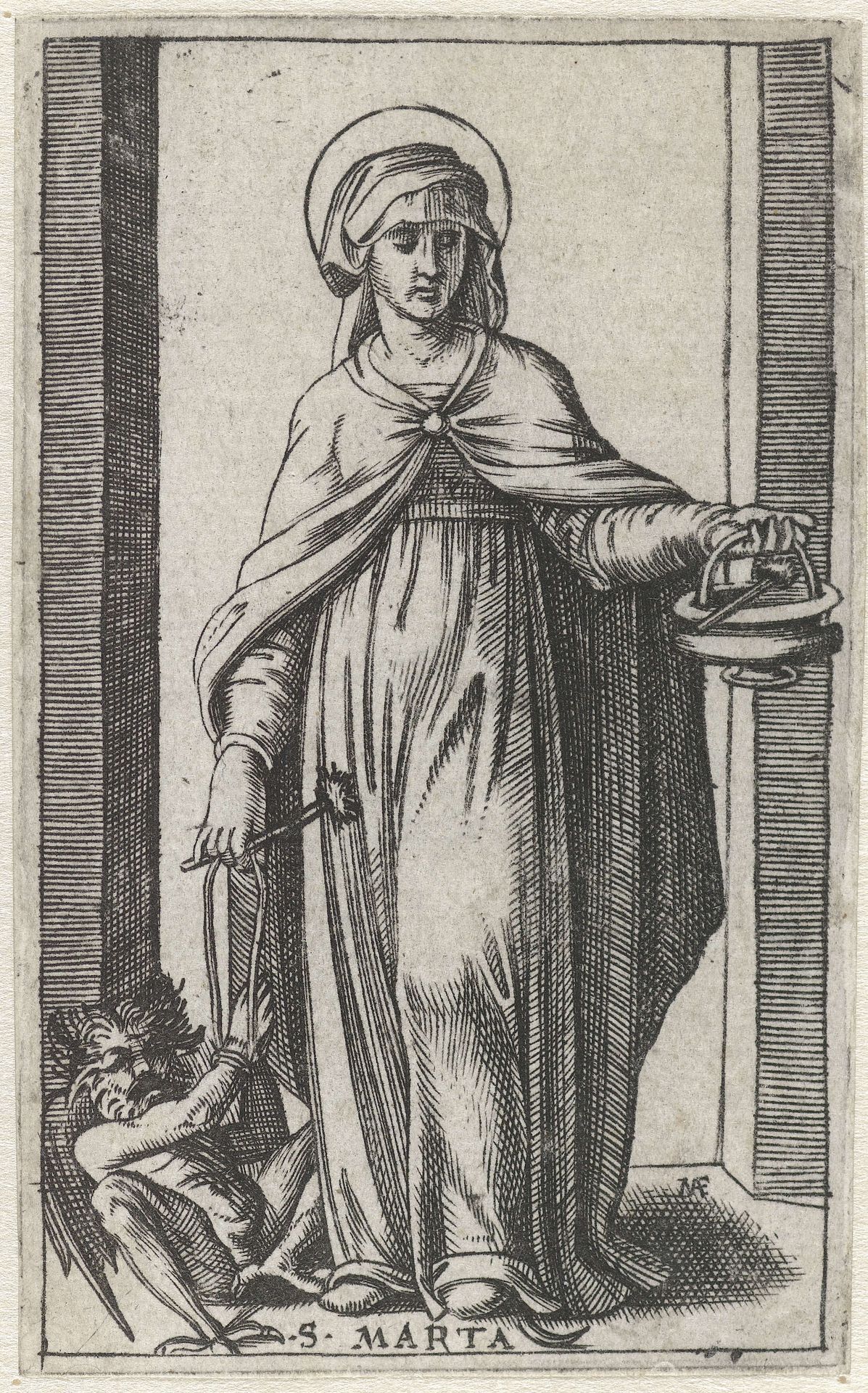 Heilige Marta met wijwatervat en vastgebonden duivel by Marcantonio Raimondi