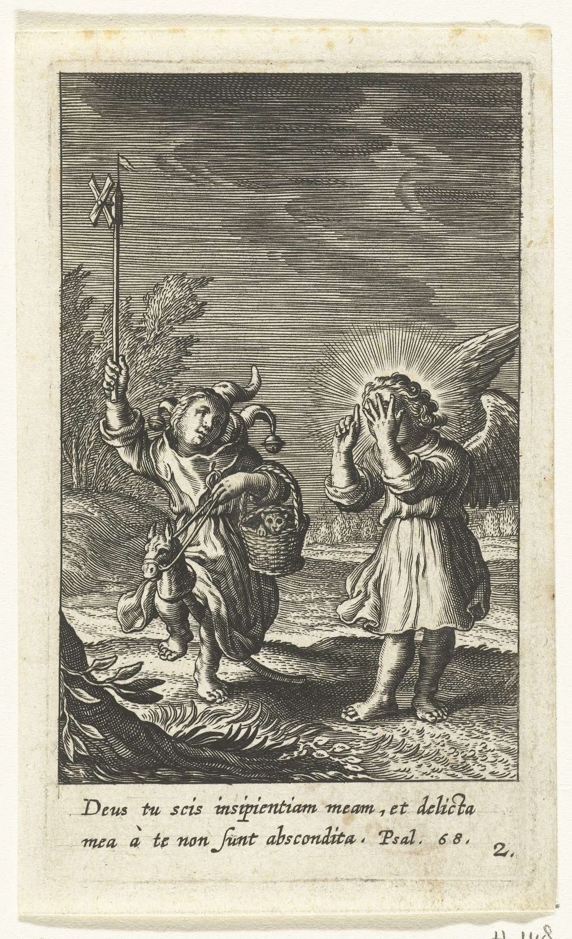Kind verkleed als nar met windmolen op stokpaardje en engel by Boëtius Adamsz. Bolswert