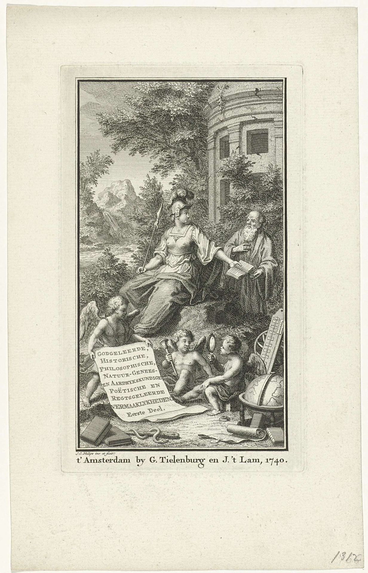 Minerva overhandigt een boek aan een oude man by Jan Caspar Philips