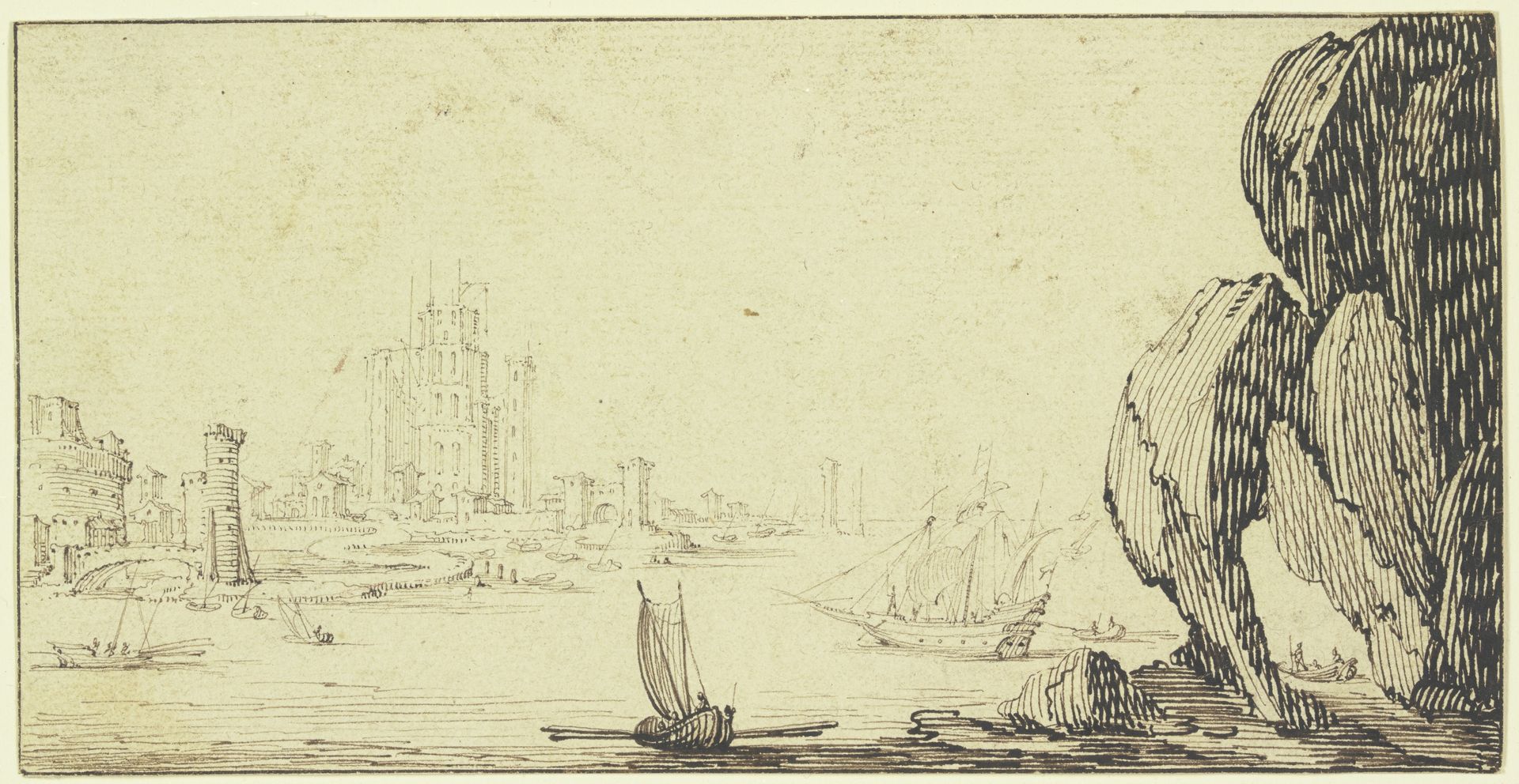 Seehafen mit Schiffen, rechts ein großer Felsen by Jacques Callot