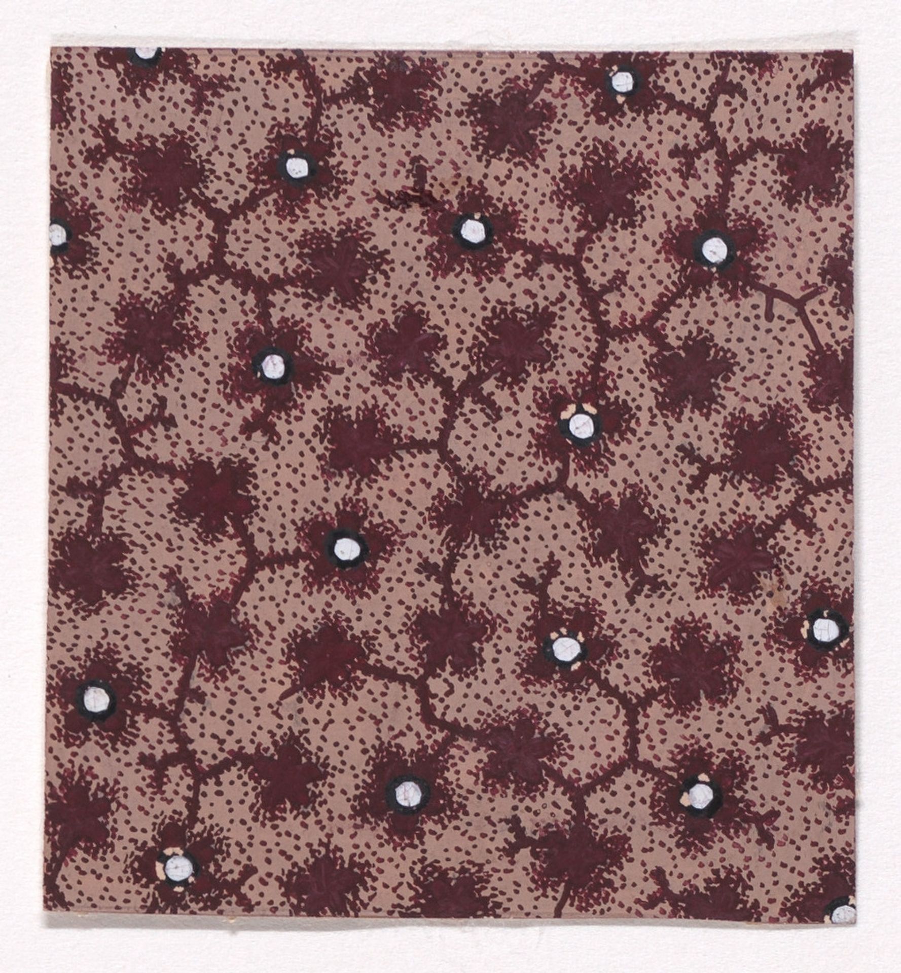 Textile Design with a Network of Branches with Stylized Leaves and Flowers and Pearls Over a Stippled Background by Anonymous