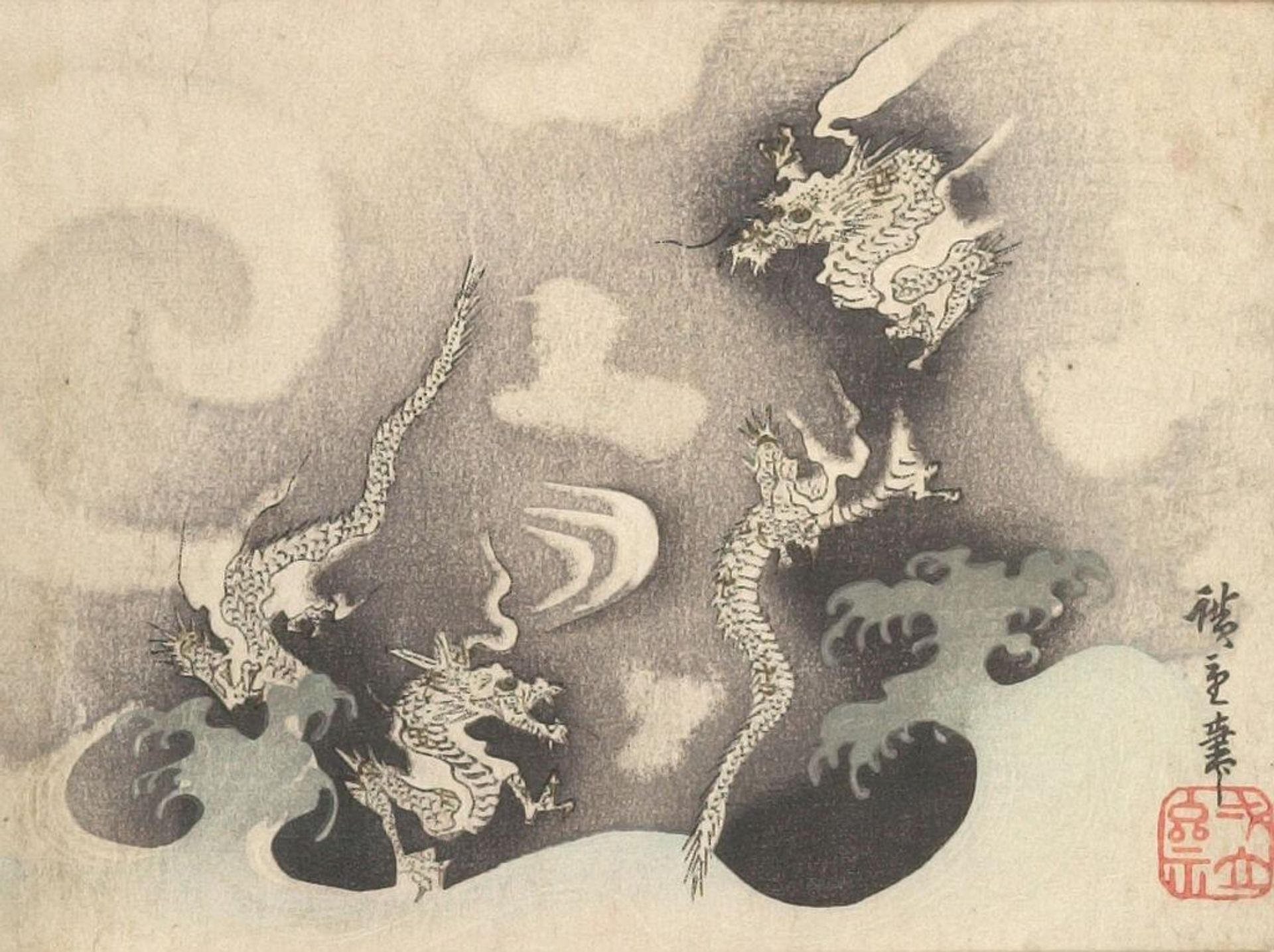 THREE DRAGONS IN WAVES AND CLOUDS by Utagawa Hiroshige