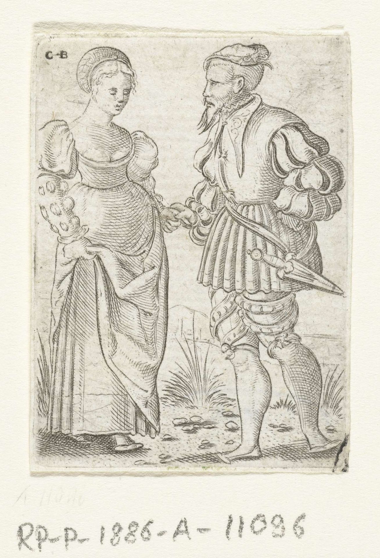 Dansend stel, de man met zijn hand in zijn zij en gekruiste benen by Cornelis Bos