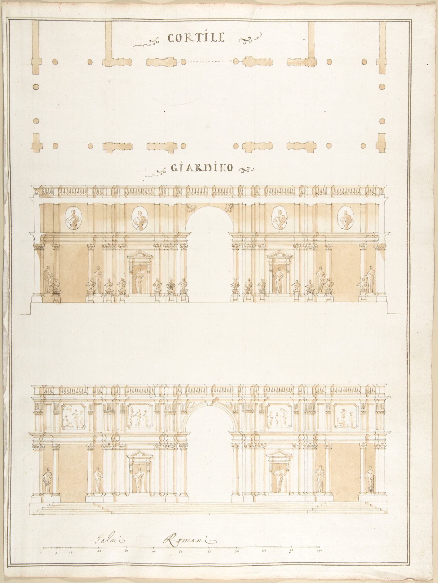 Plan, Section and Exterior Elevation of a Villa by Pietro Paolo Coccetti (Cocchetti)